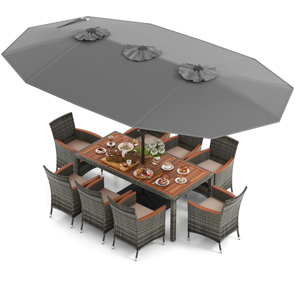CASAINC CA-72AGB5 10 -Piece Gray Rattan Patio Dining Set Wood Rectangle Table with 8 Brown Cushions Stationary Chairs and Umbrella Included