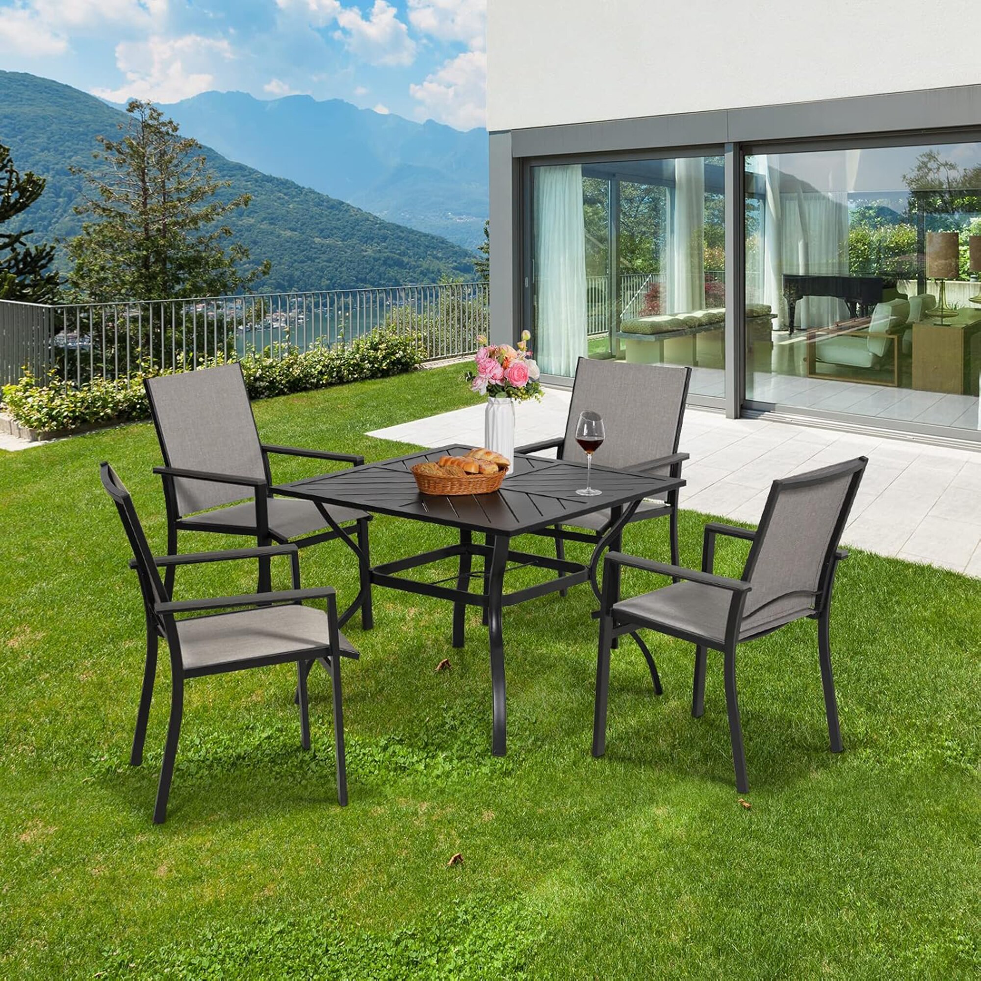 Mondawe MD-070-470 5 -Piece Black Patio Dining Set Iron Square Table with 4 Stationary Chairs