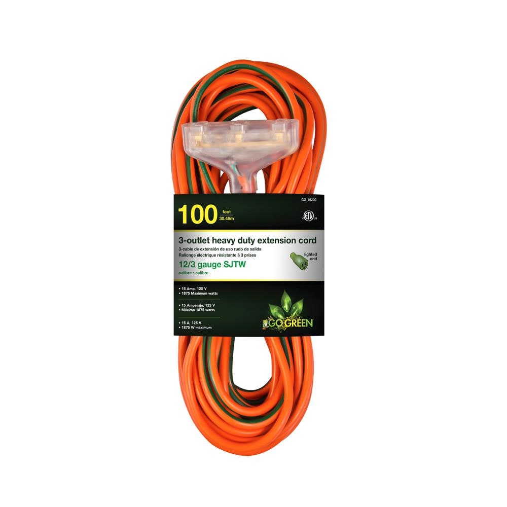 100 Feet 3 Outlet 12/3 SJTW Outdoor Extension Cord UL Listed; 15A 125V 1875W 