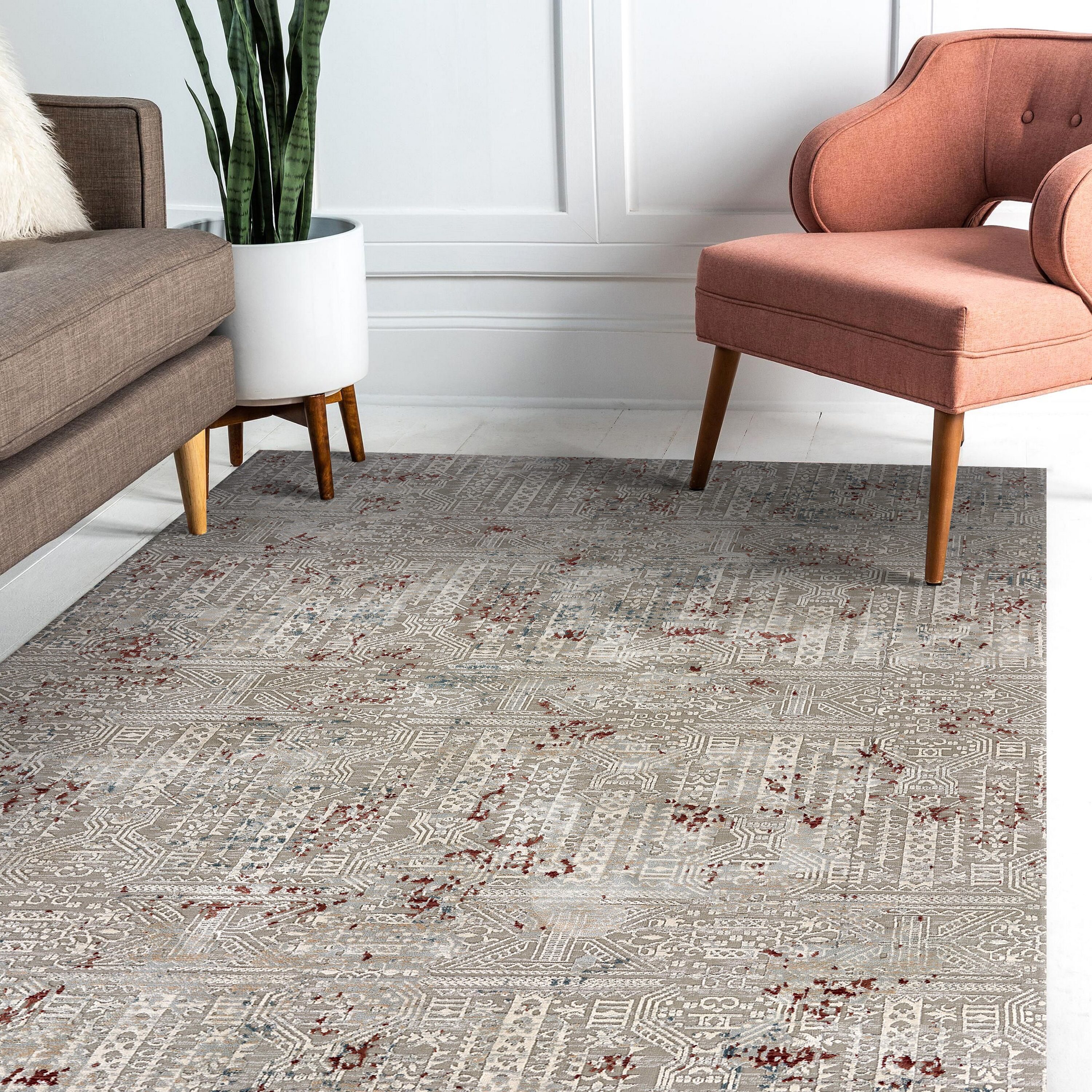 LR Home 0405A7084934J8 5 x 7 (ft) Loomed Polyester Gray/Ivory/Slate Blue/Wine Red Rectangular Indoor Abstract Persian Area rug