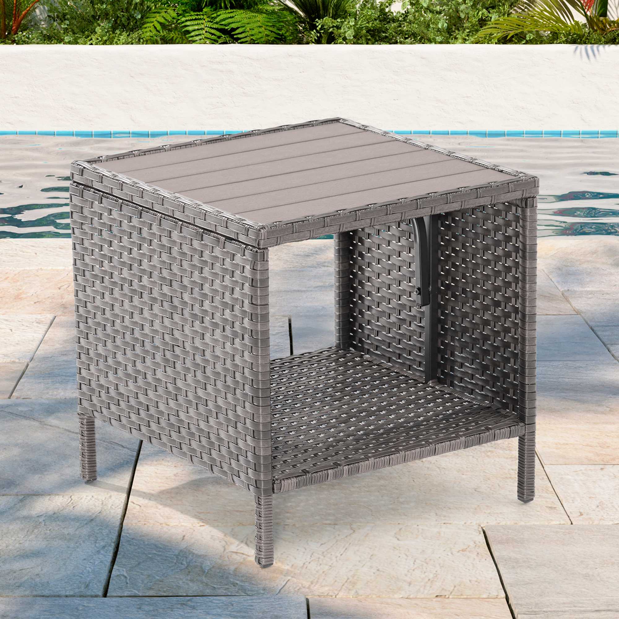 Aok Garden LWP-ET-115T3-GY 18x18'' Square Brown Wicker Patio Table with Glass table top