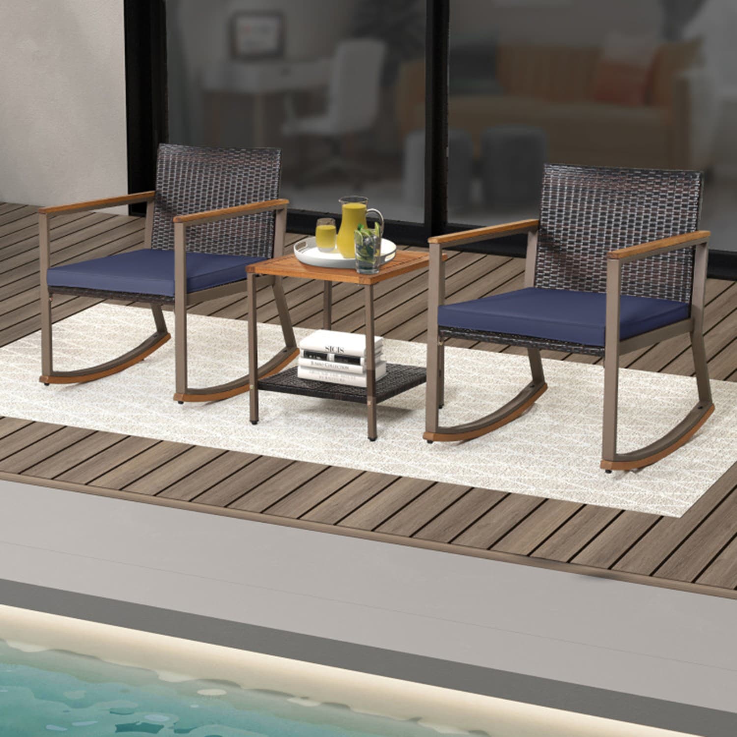 Mondawe 5622-HY 3 -Piece Black Rattan Bistro Patio Dining Set Wood Square Table with 2 Blue Cushions Rocker Chairs