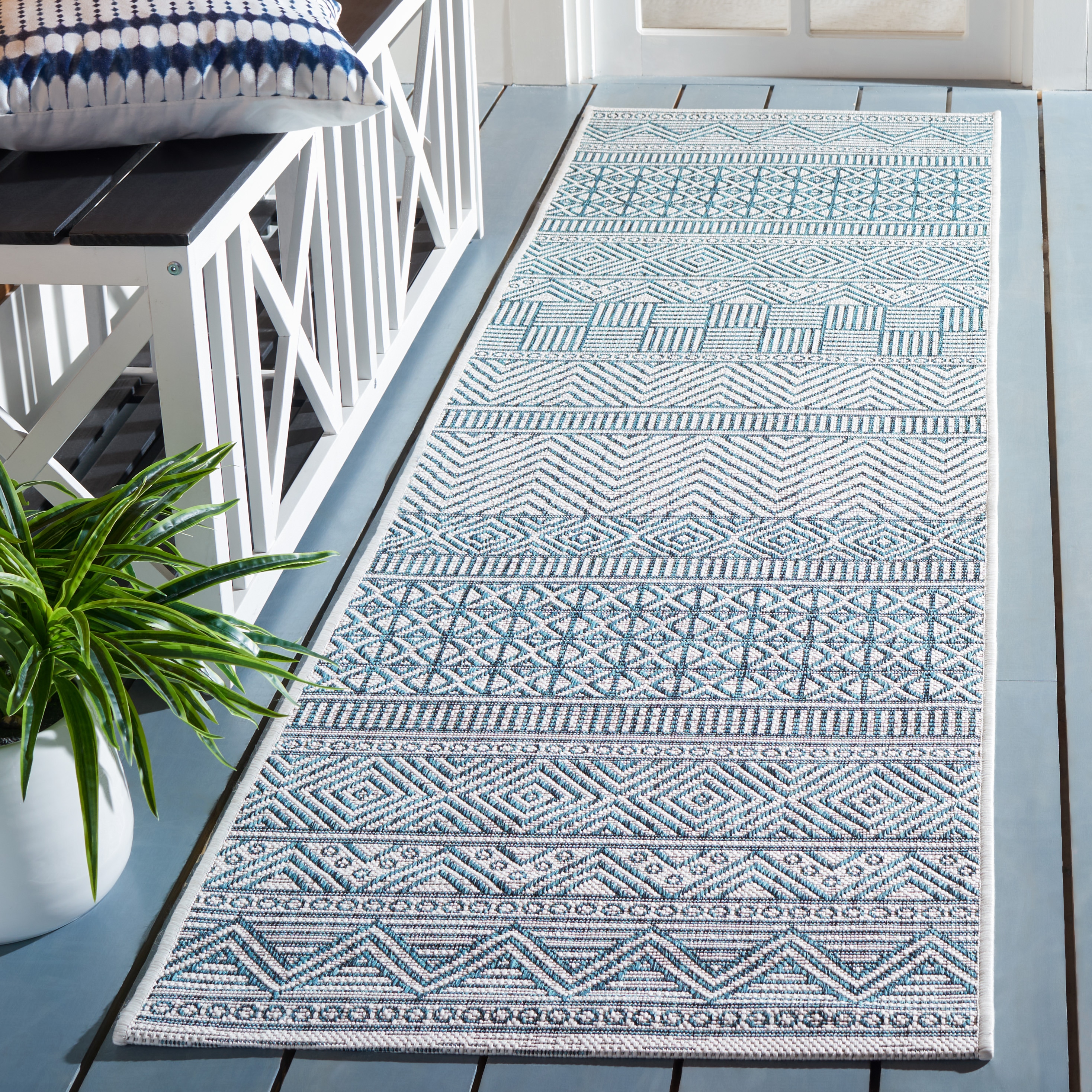 Safavieh CY8196-53512-28 Courtyard 2 x 8 (ft) Loomed Synthetic Ivory/Turquoise Rectangular Indoor/Outdoor Geometric Southwestern Runner rug