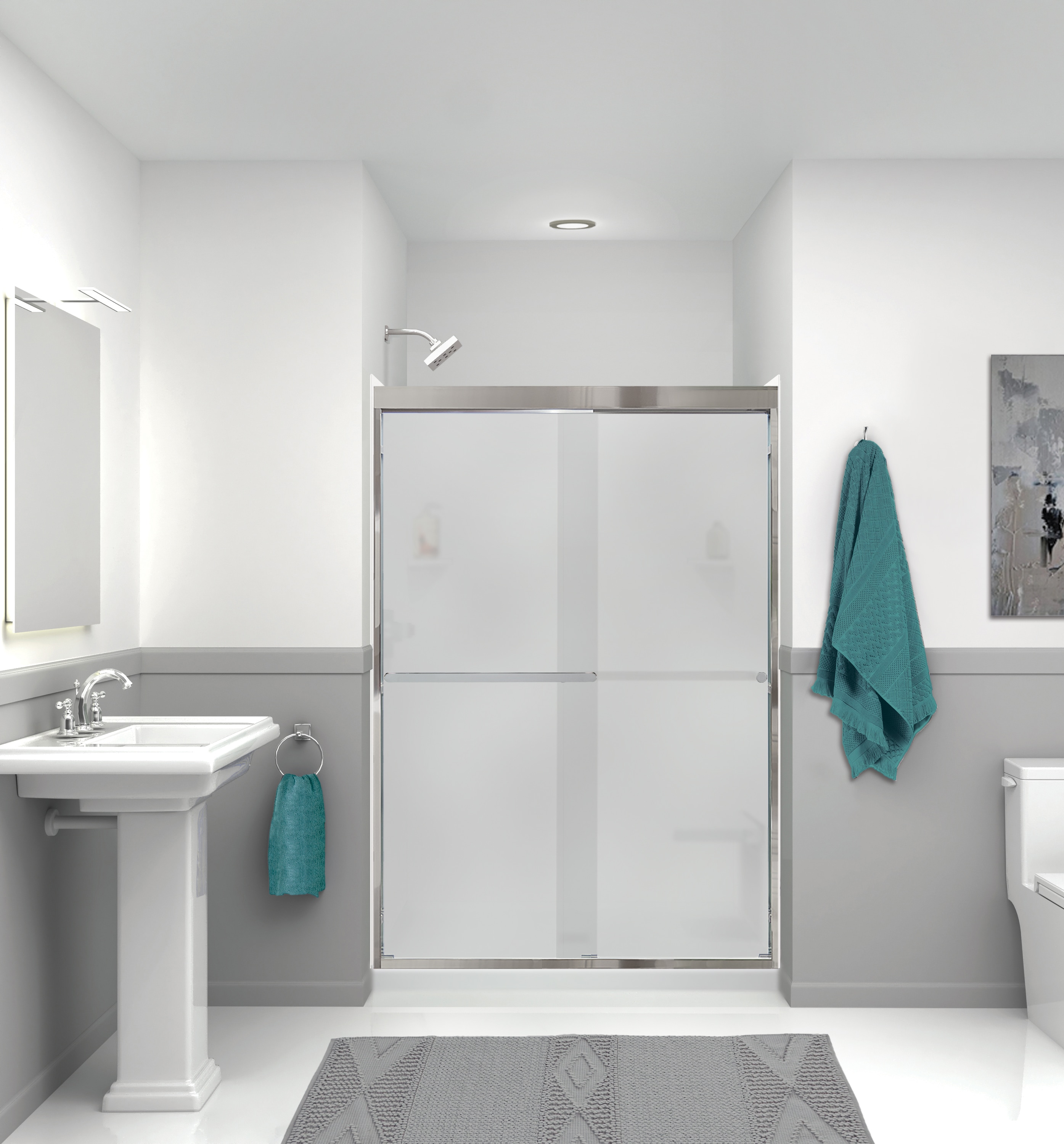 Transolid KSAE4834C-31PC Expression 5 -Piece 34-in W x 48-in L x 72-in H Rectangle Alcove shower kit ( Center Drain) with Integrated Seat with Folding Seat Base, Wall, Door Chrome Hardware Included