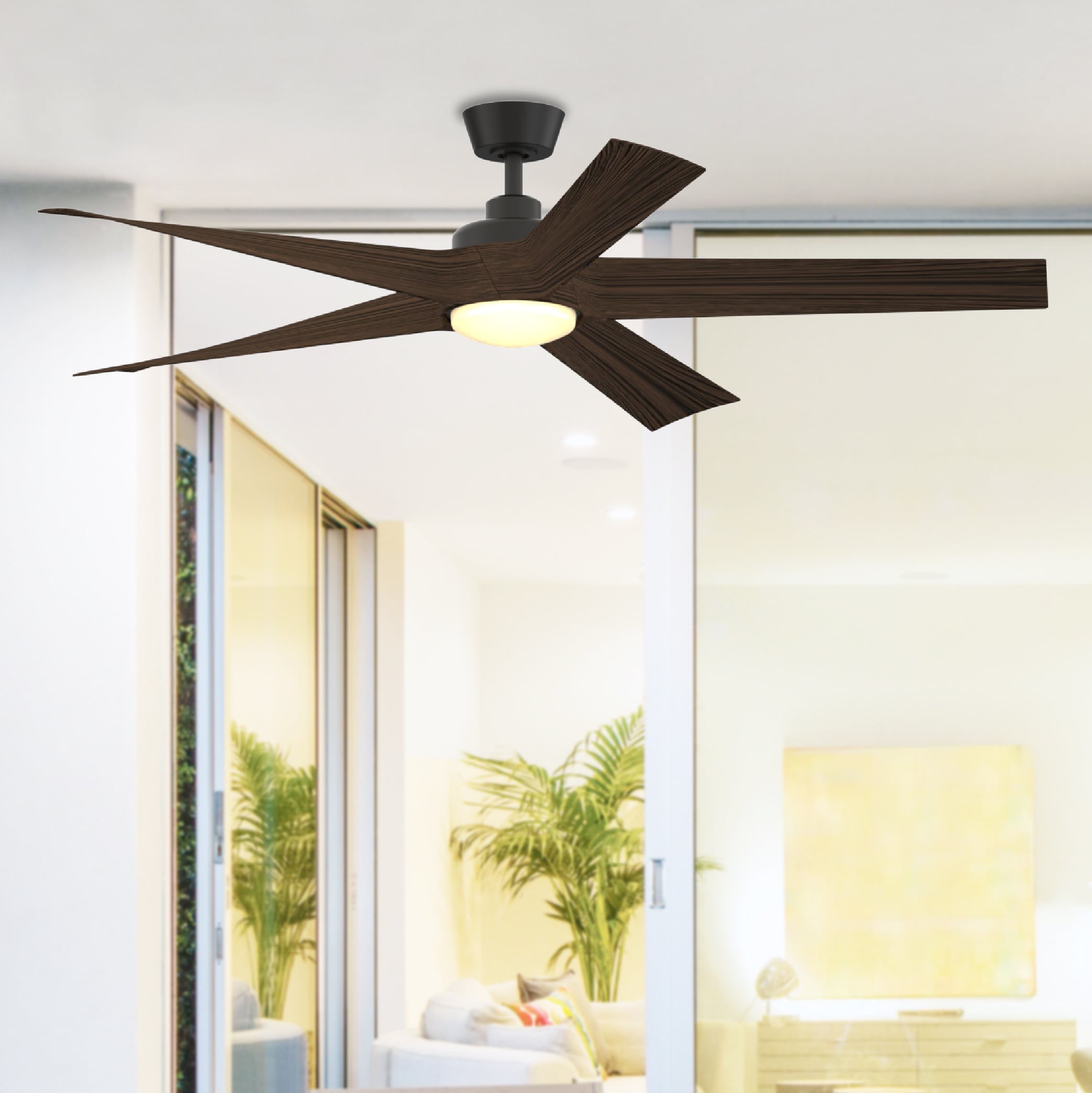 Fanimation Studio Collection LP7614LAZ Radius 60-in Color-Changing Integrated LED Outdoor Aged Bronze with Bourbon Blades Ceiling Fan With Light - Remote Included ( 5 -Blade )
