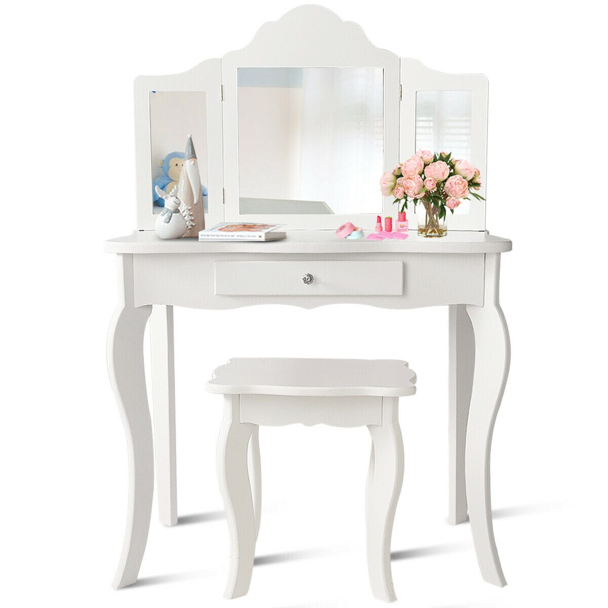 3 Foldable Mirror Girl Pink Stars Vanity Table Children Dressing Makeup Desk kit 