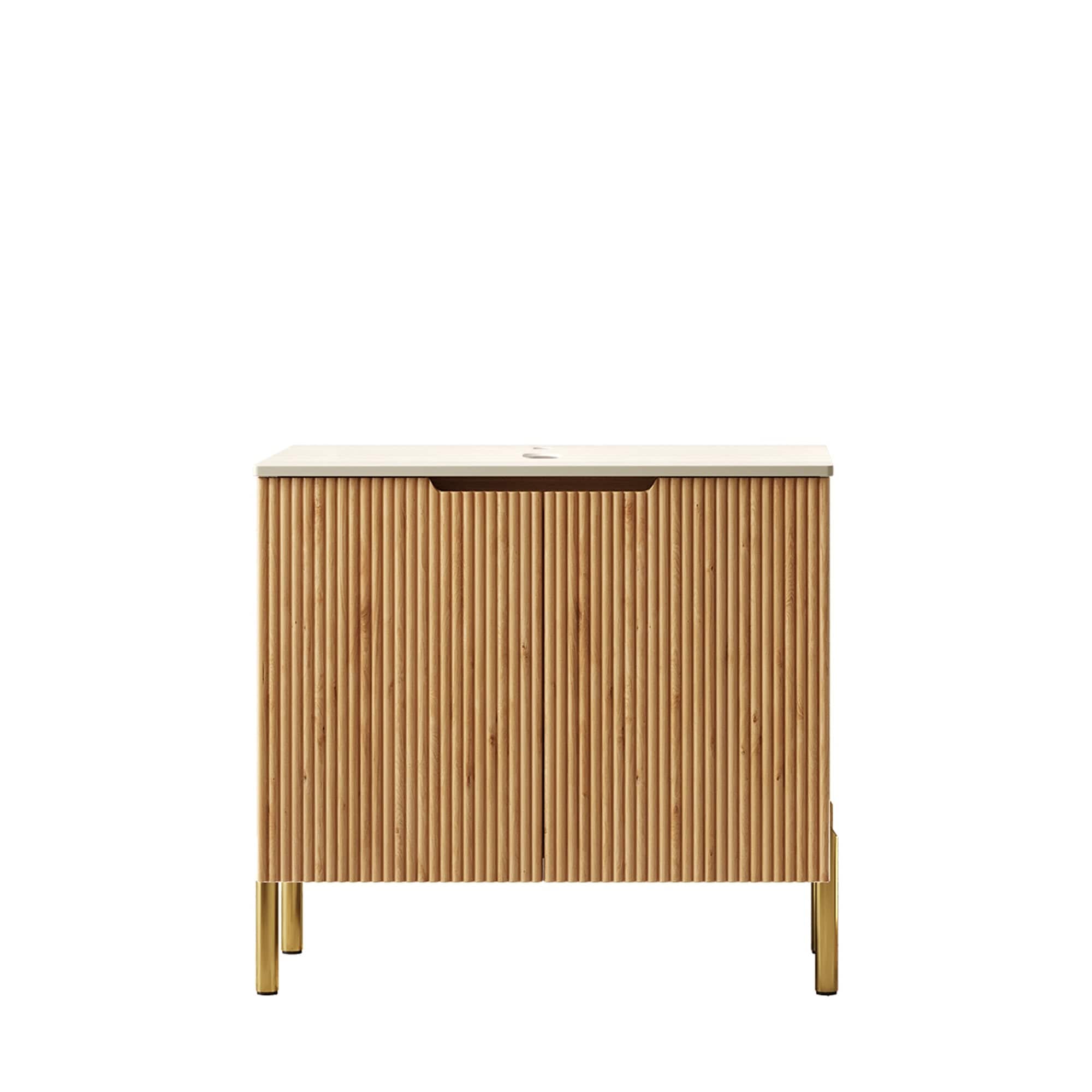 LIVACA 30 inch Beige and Natural Wood Sintered Stone Counter Top Freestanding Bathroom Vanity with Two Soft Close Doors