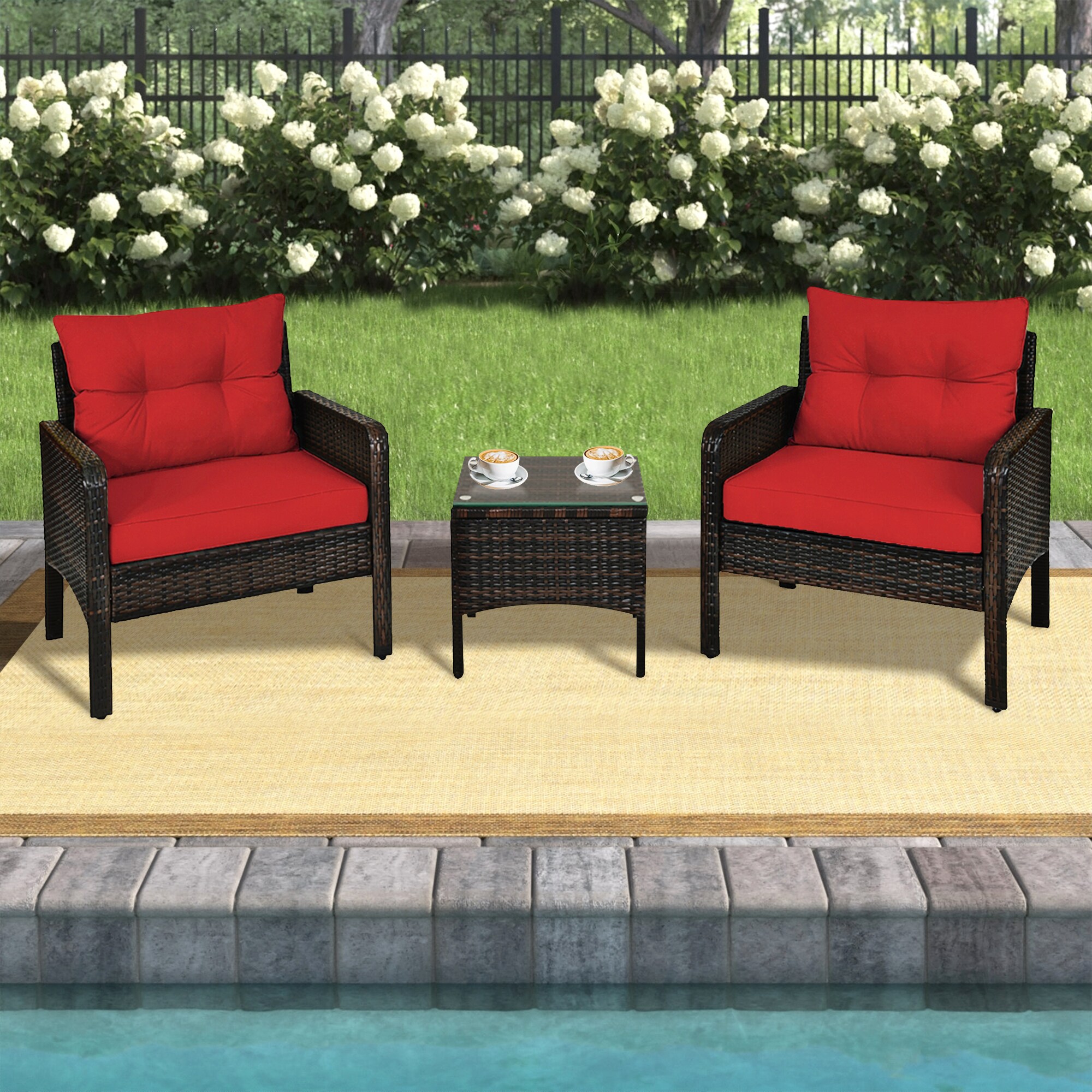 WELLFOR 3Piece Rattan Patio Conversation Set with Red Cushions in the