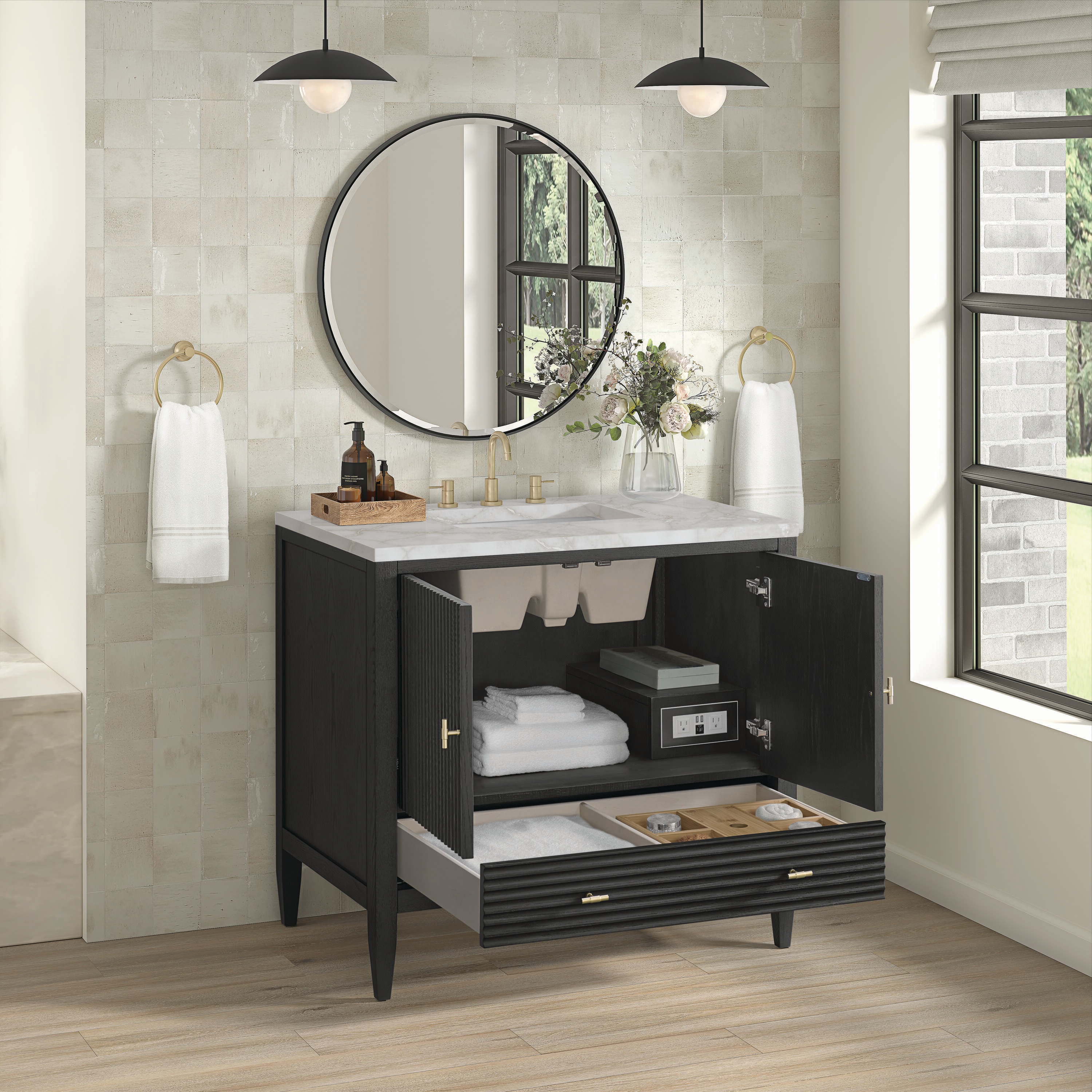 36" Black Plywood Freestanding Single Vanity with Brass Accents