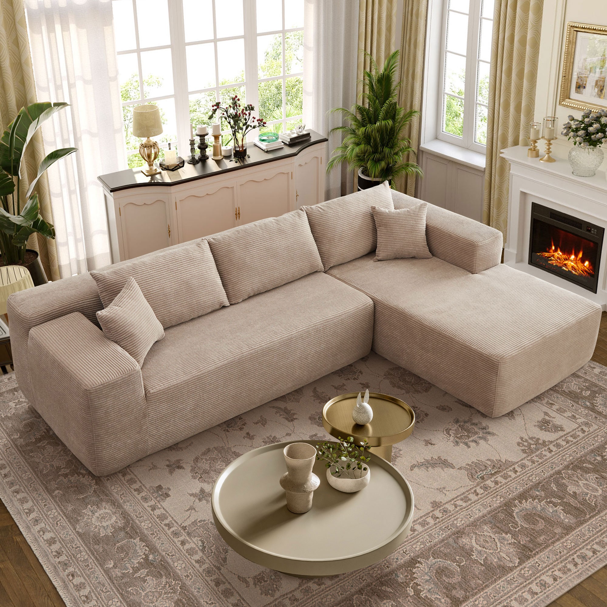 Ovios OVIVIR800 104.3-Inches Casual Camel( Corduroy)-Right Chaise Sectional