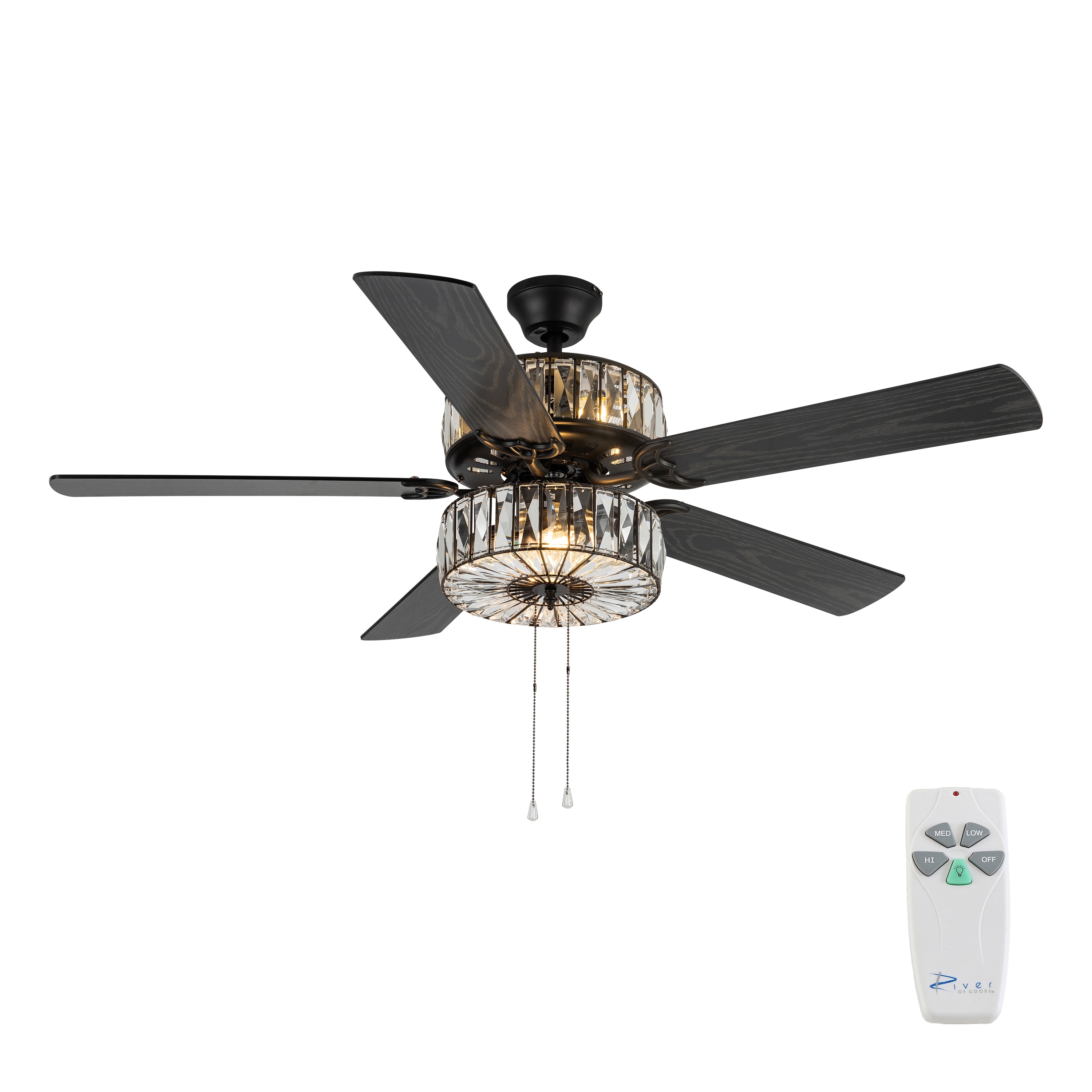 River of Goods 20060 52-in Downrod or Flush Mount Antique Bronze with Mahogany and Antique Black Blades Ceiling Fan With Light - Remote Included ( 5 -Blade )