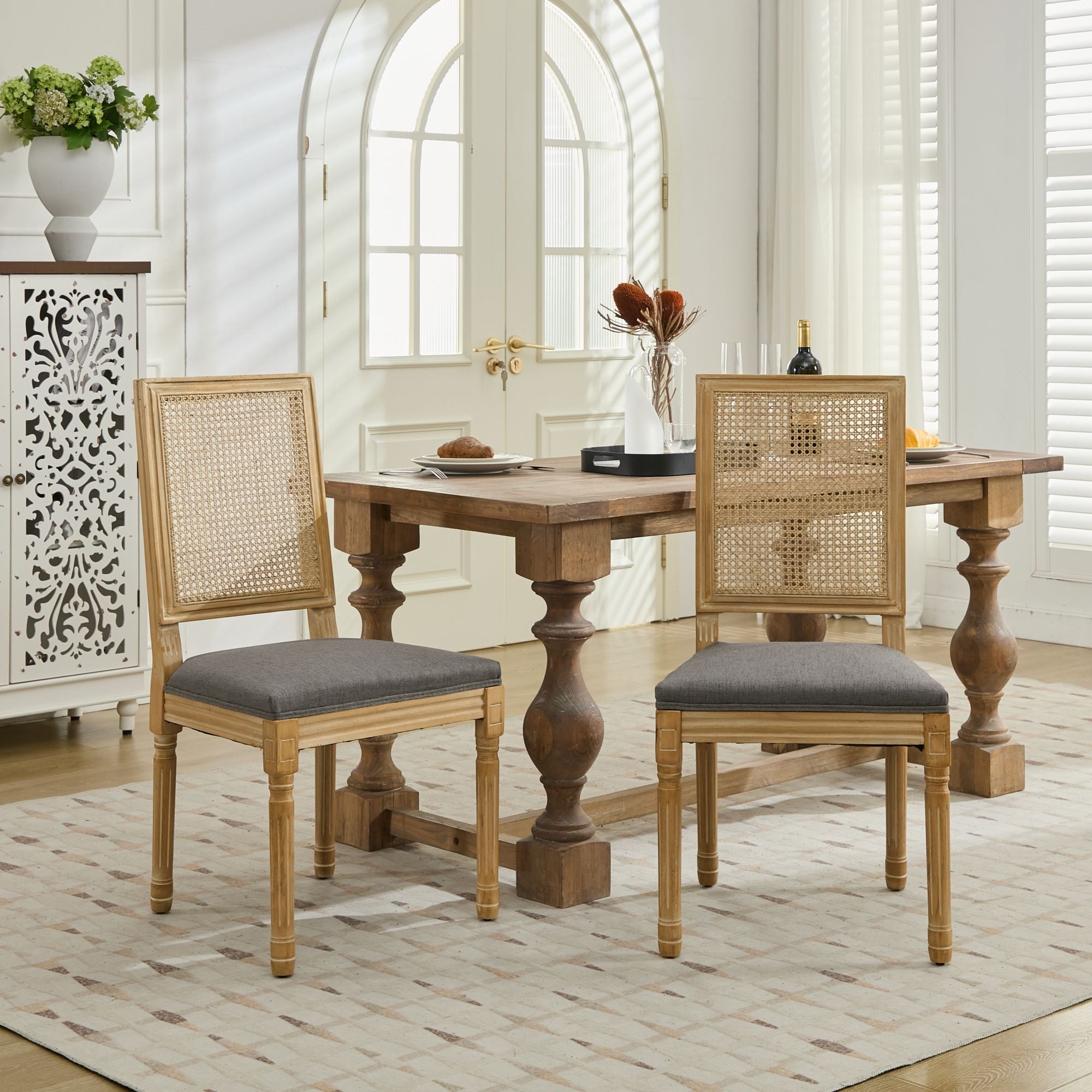 LOVMOR SF-L-W1143P335057 French Decor Chairs Set of 2 Louis Dining Chairs with Square Rattan Backrest and Exquisitely Carved Solid Wood Frame for Living Room Gray