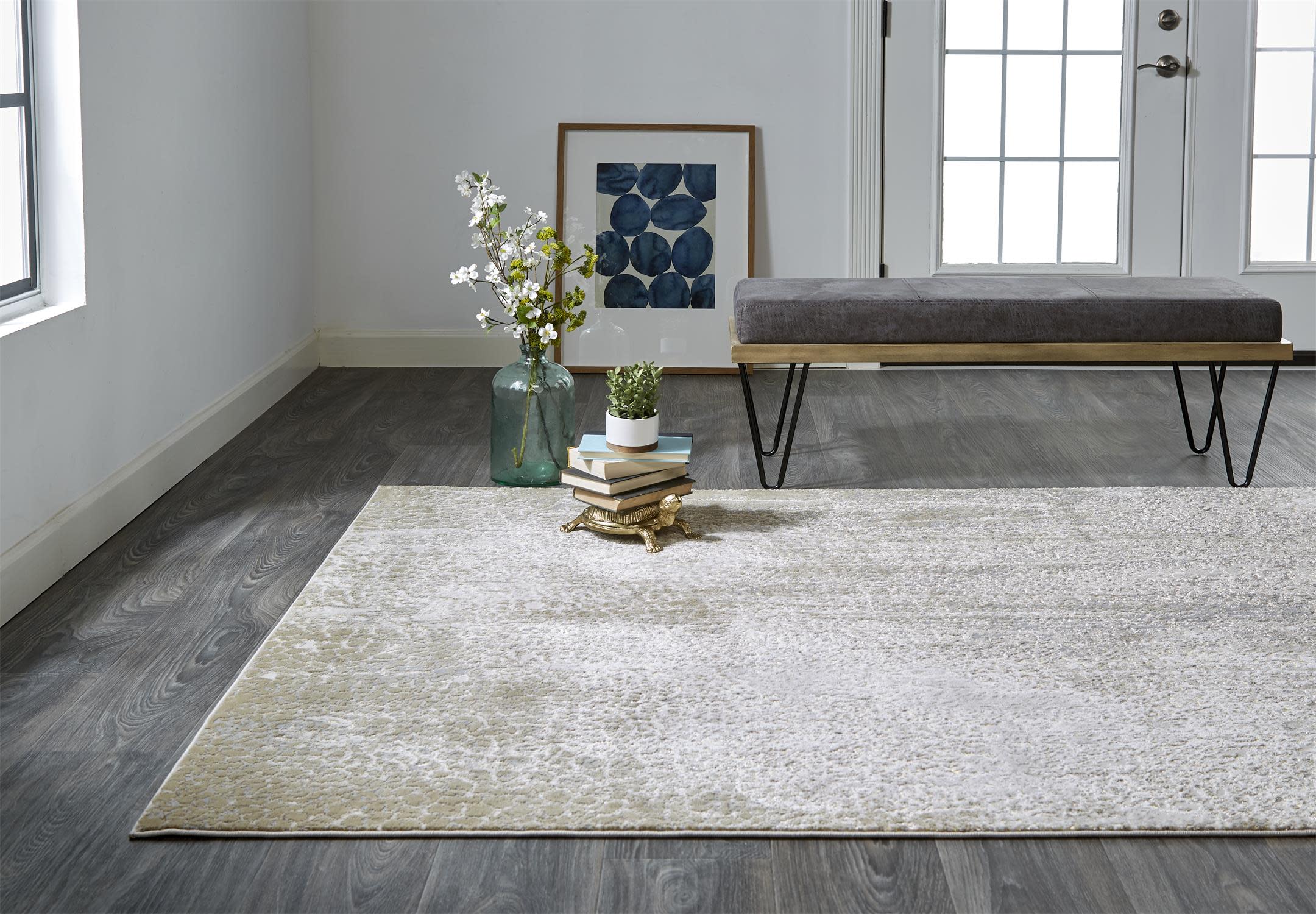 Ivory and Gold Rectangular Synthetic Easy Care Area Rug 6'7" x 9'6"