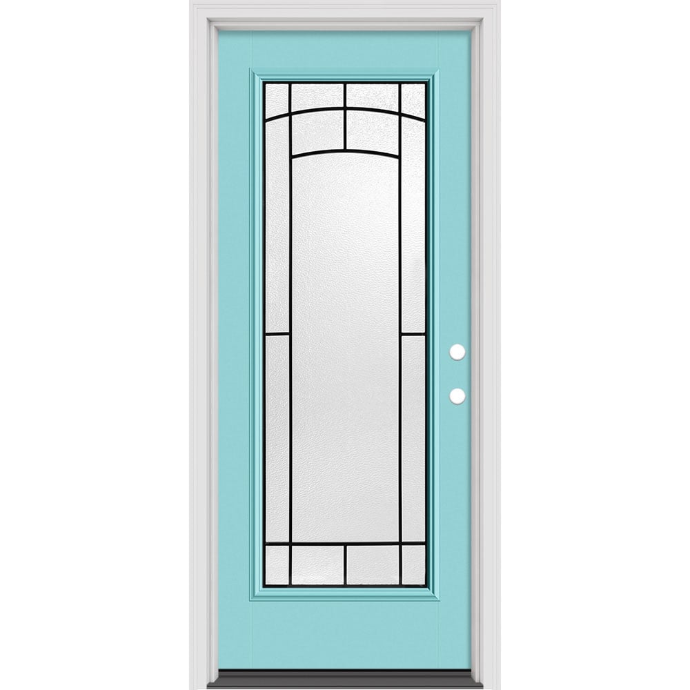 Masonite 631690 Brooklyn 32-in x 80-in x 4-9/16-in Fiberglass 3/4 lite Left-hand inswing Roma Red Painted Prehung Slab Front Door with Brickmould Solid core