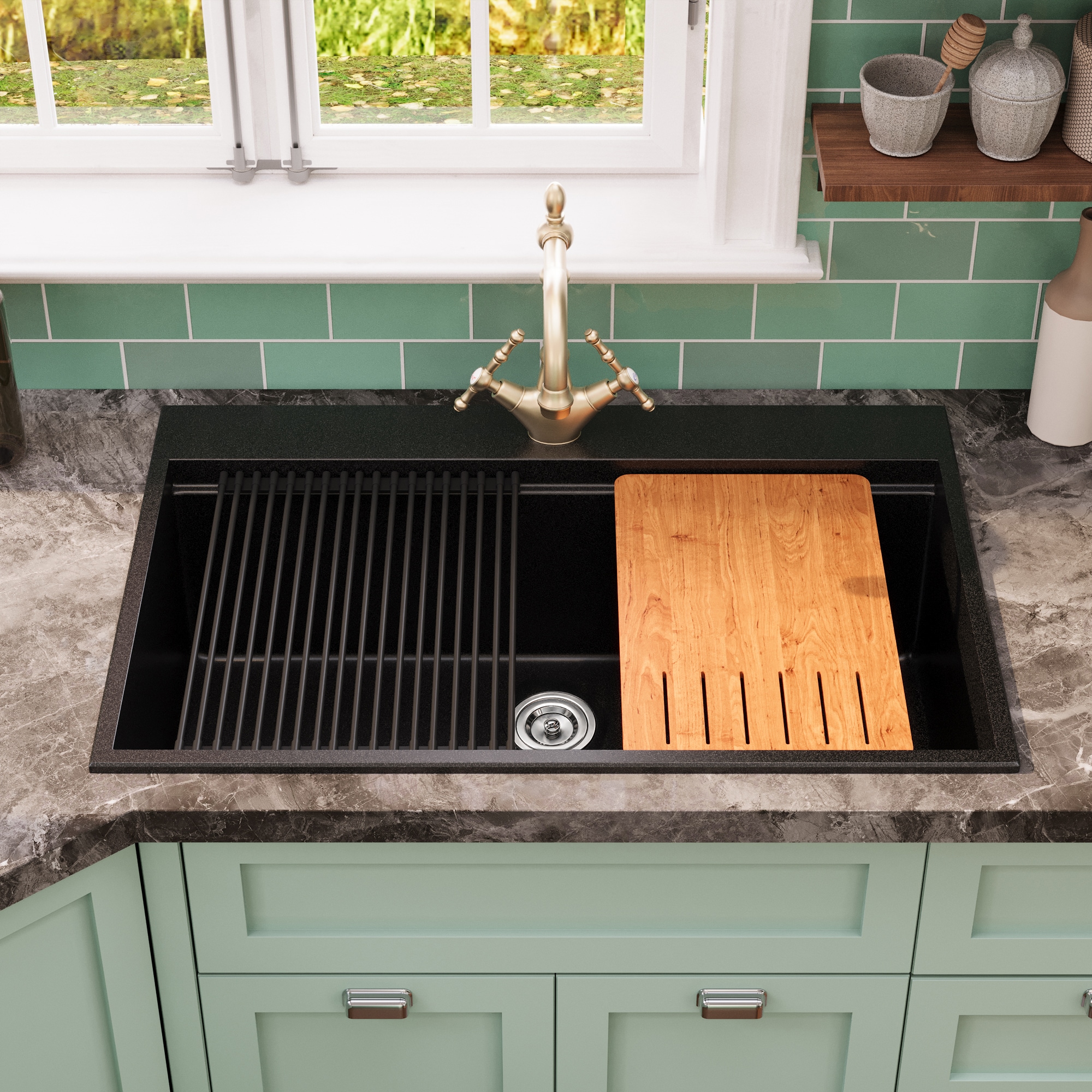 DeerValley Drop-in 33-in x 22.01-in Quartz Single bowl Workstation Kitchen Sink