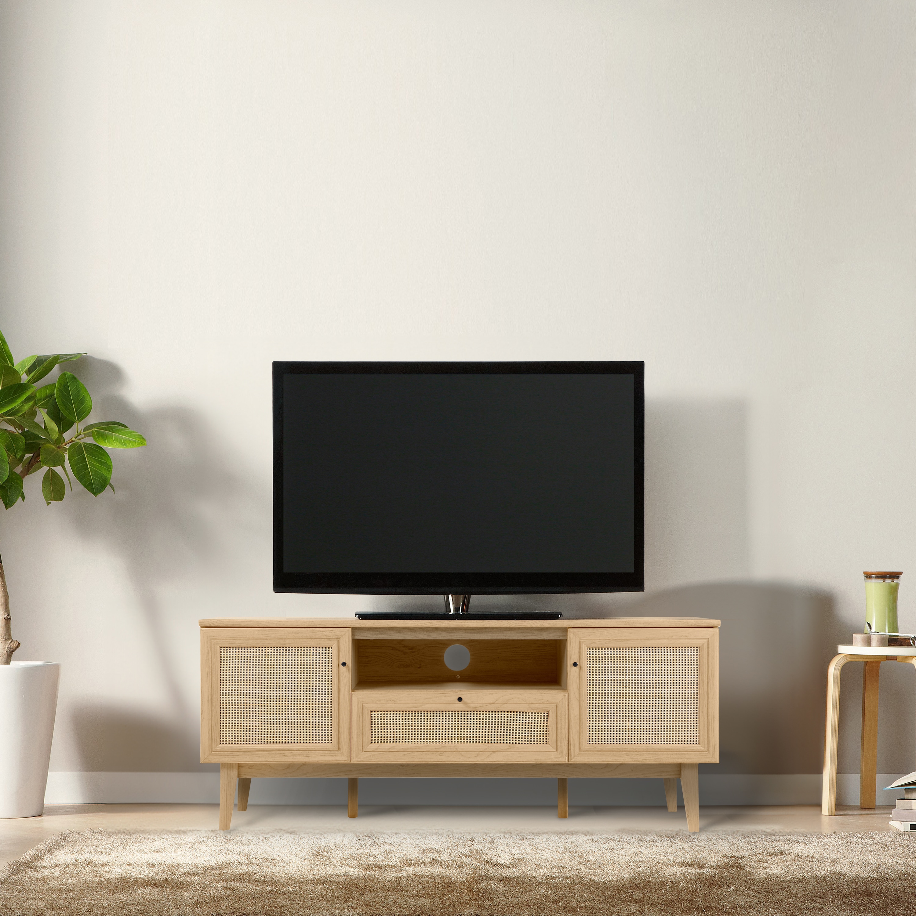 JONATHAN  Y TVS1002A Finley 59-in Caned with Drawer and Storage Doors Coastal Farmhouse/Rustic Oak TV stand ( Accommodates TVs up to 65-in )