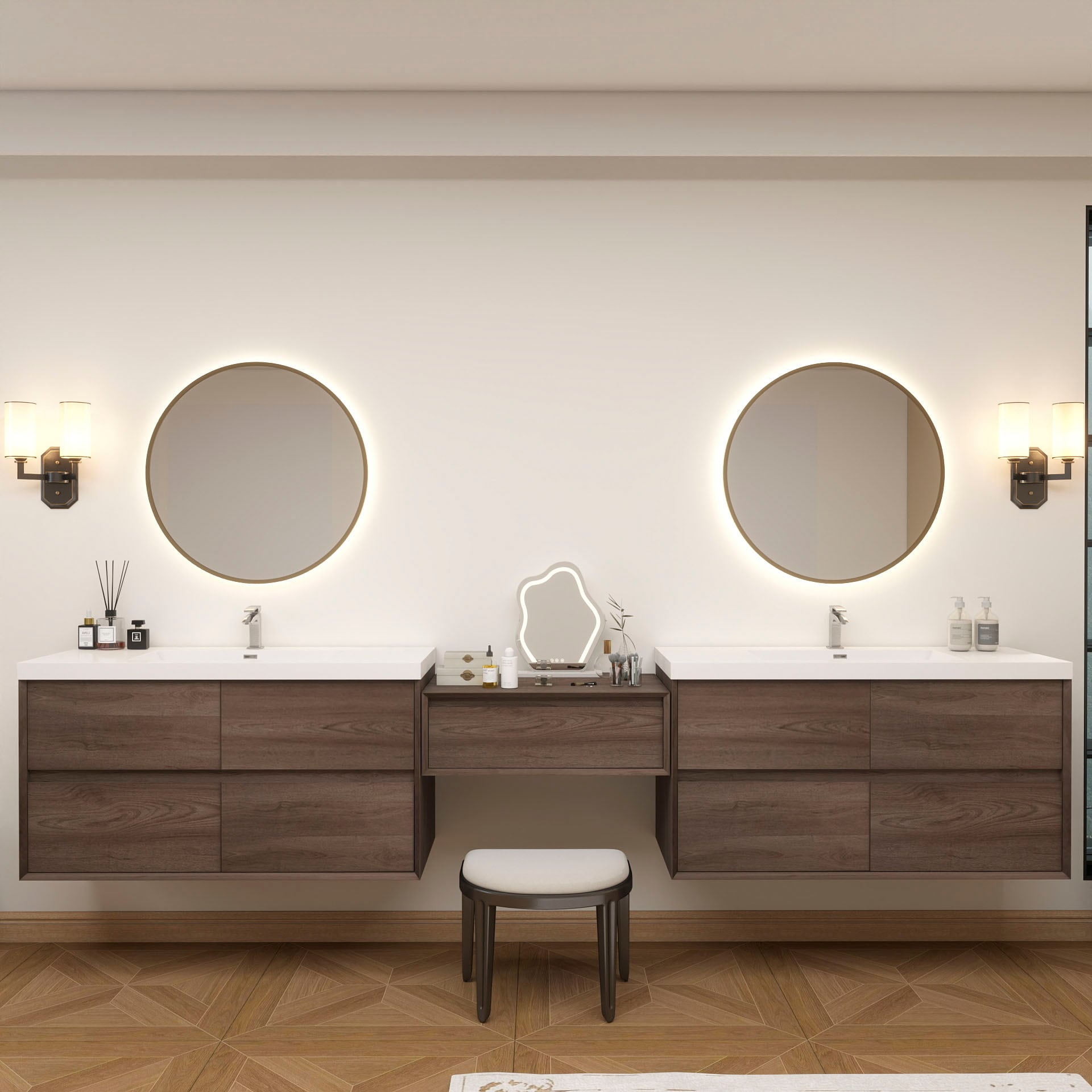 BV Better Vanity SLIM17-48+30+48-RO Kingdee 126-in Red Oak Single Sink Floating Bathroom Vanity with White Acrylic Top