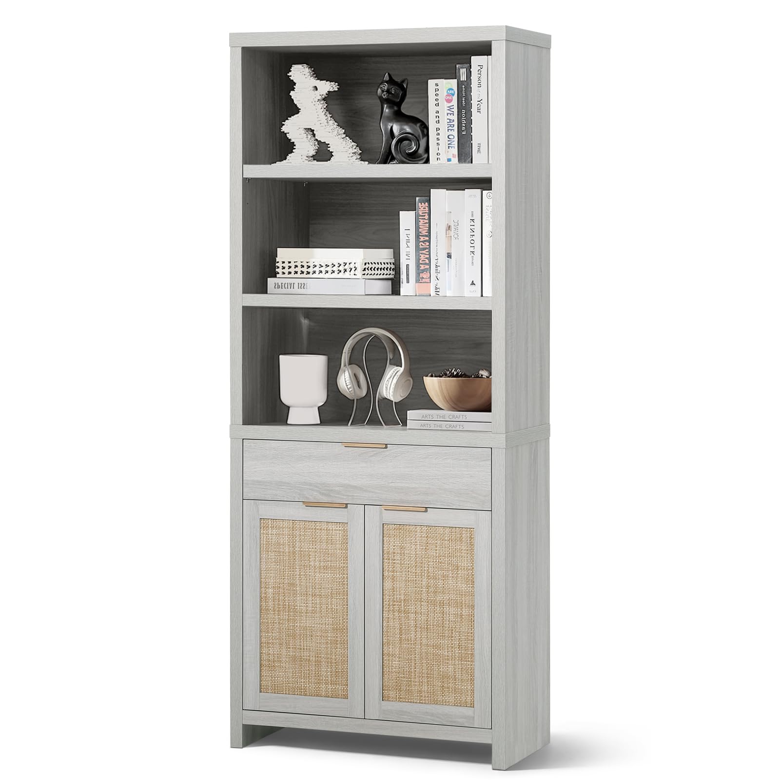 LTMATE LSOFBC0003WH Pale Oak Wood 5 -Shelf Bookcase with Doors ( 30-in W x 72.8-in H x 14-in D ) Finished