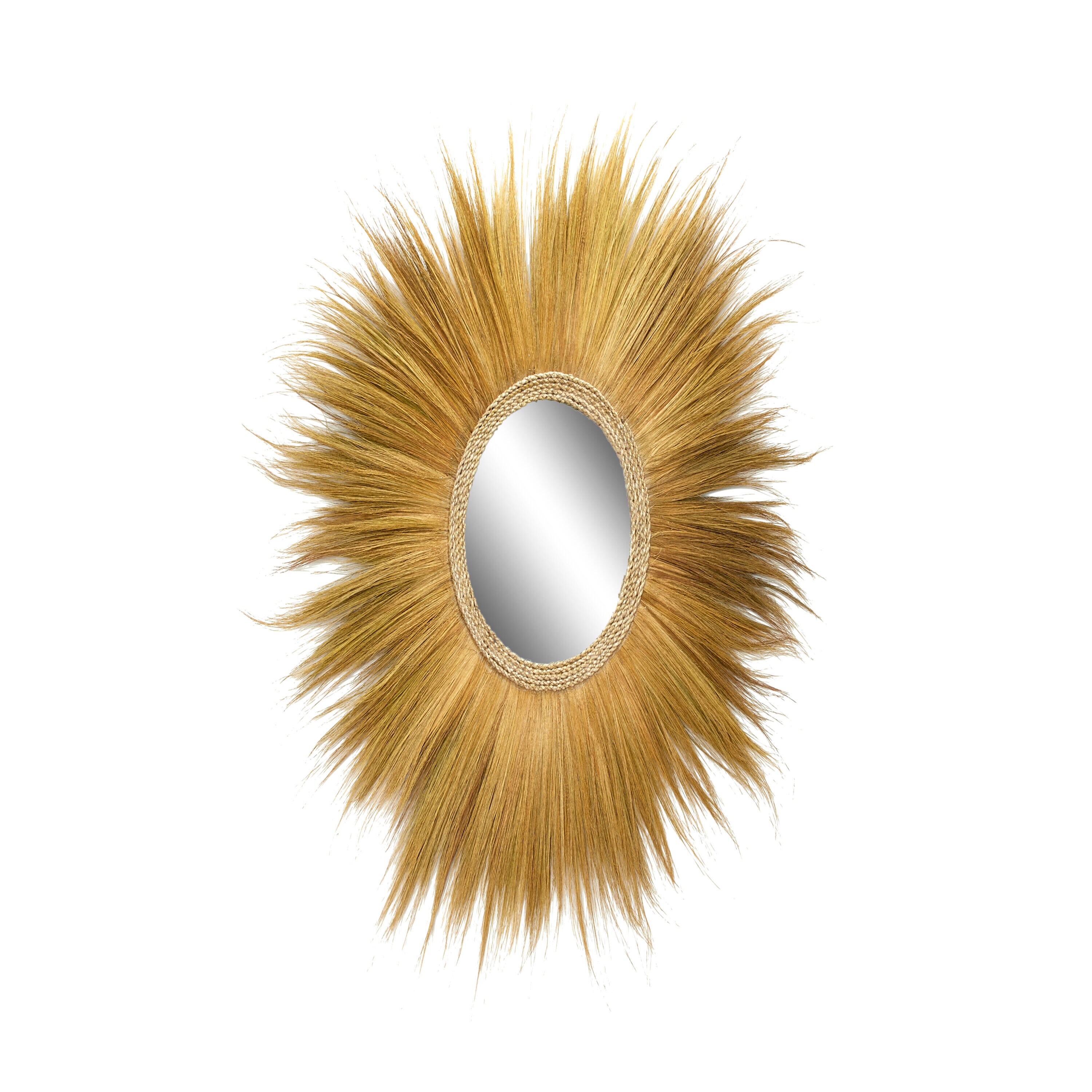 Golden Sunburst Round Decorative Wall Mirror with Grass Trim