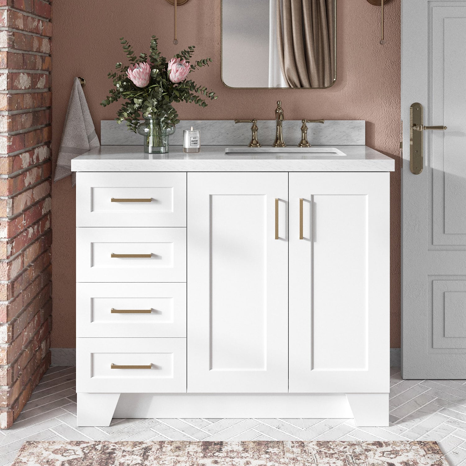 ARIEL Q043SRCWRVOWHT Taylor 43-in White Undermount Single sink Bathroom Vanity with Carrara White Marble Marble Top
