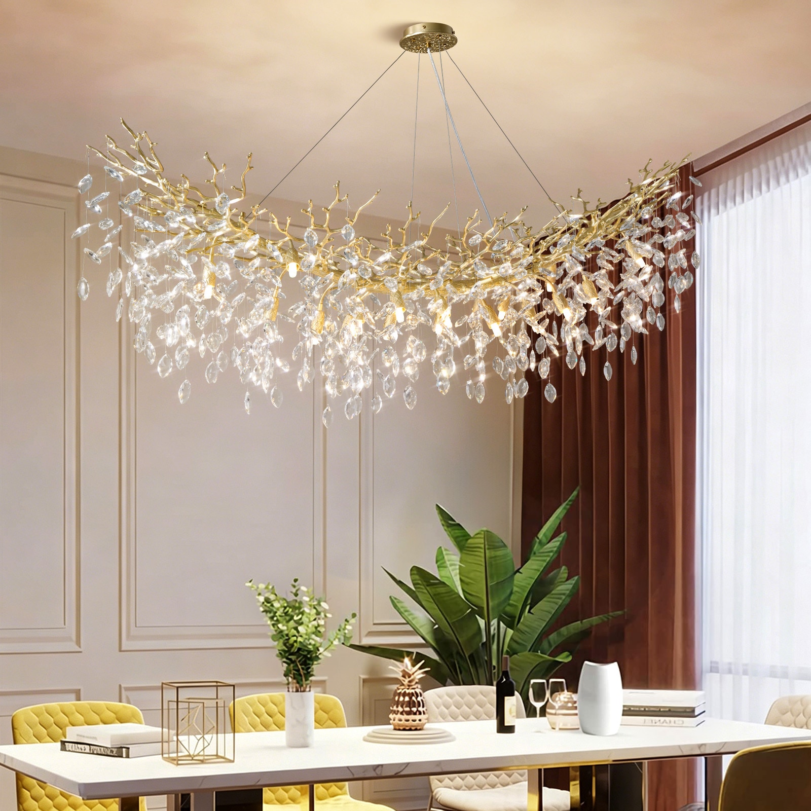Gleam Flare 63in Gold Crystal Chandelier 16-Light Tree Branch Chandelier Modern Rectangular K9 Crystal Raindrop Light Fixture for Dining Room Living Room Foyer Entryway Kitchen Bedroom