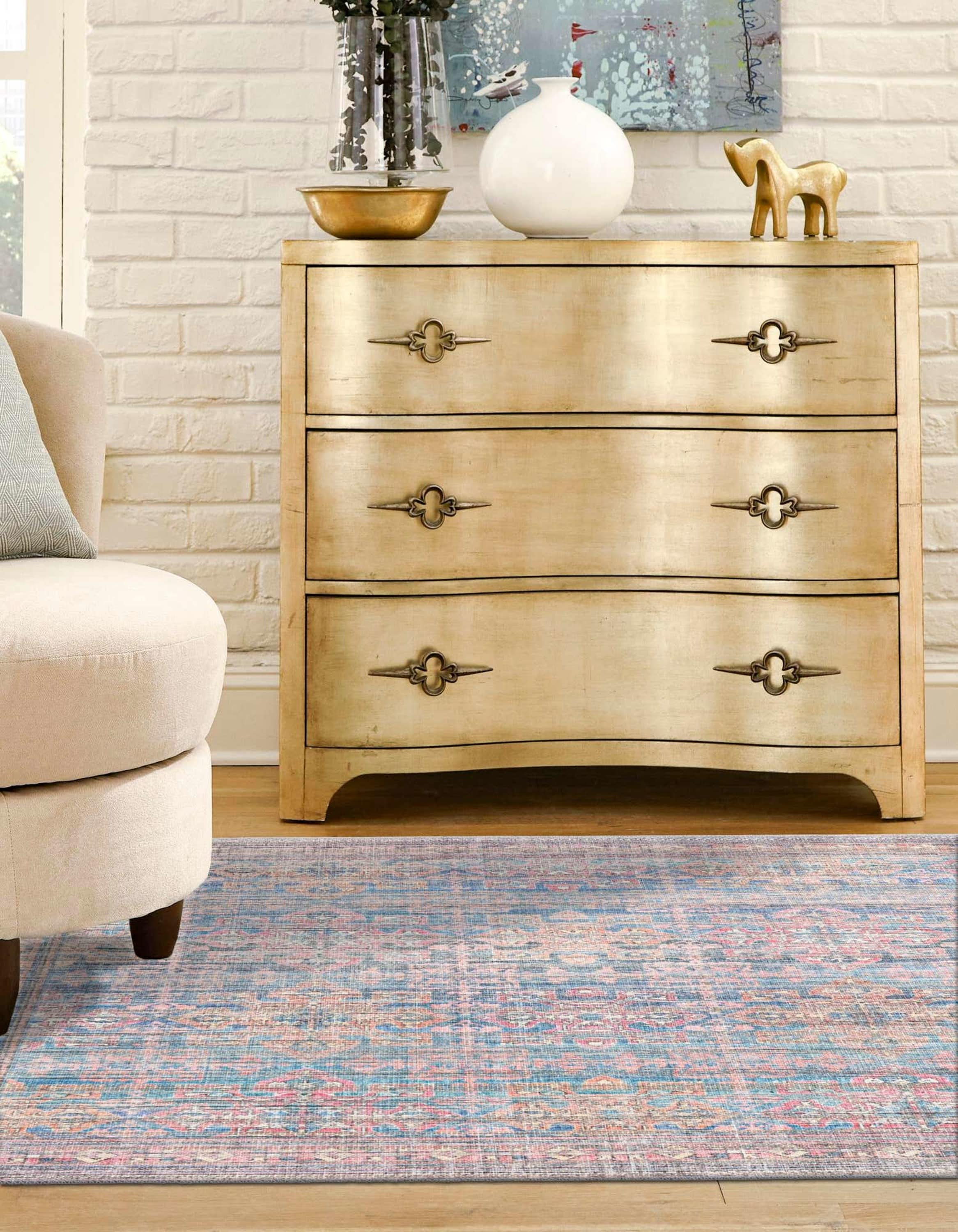 Blue Square Flat Woven Reversible Washable Area Rug