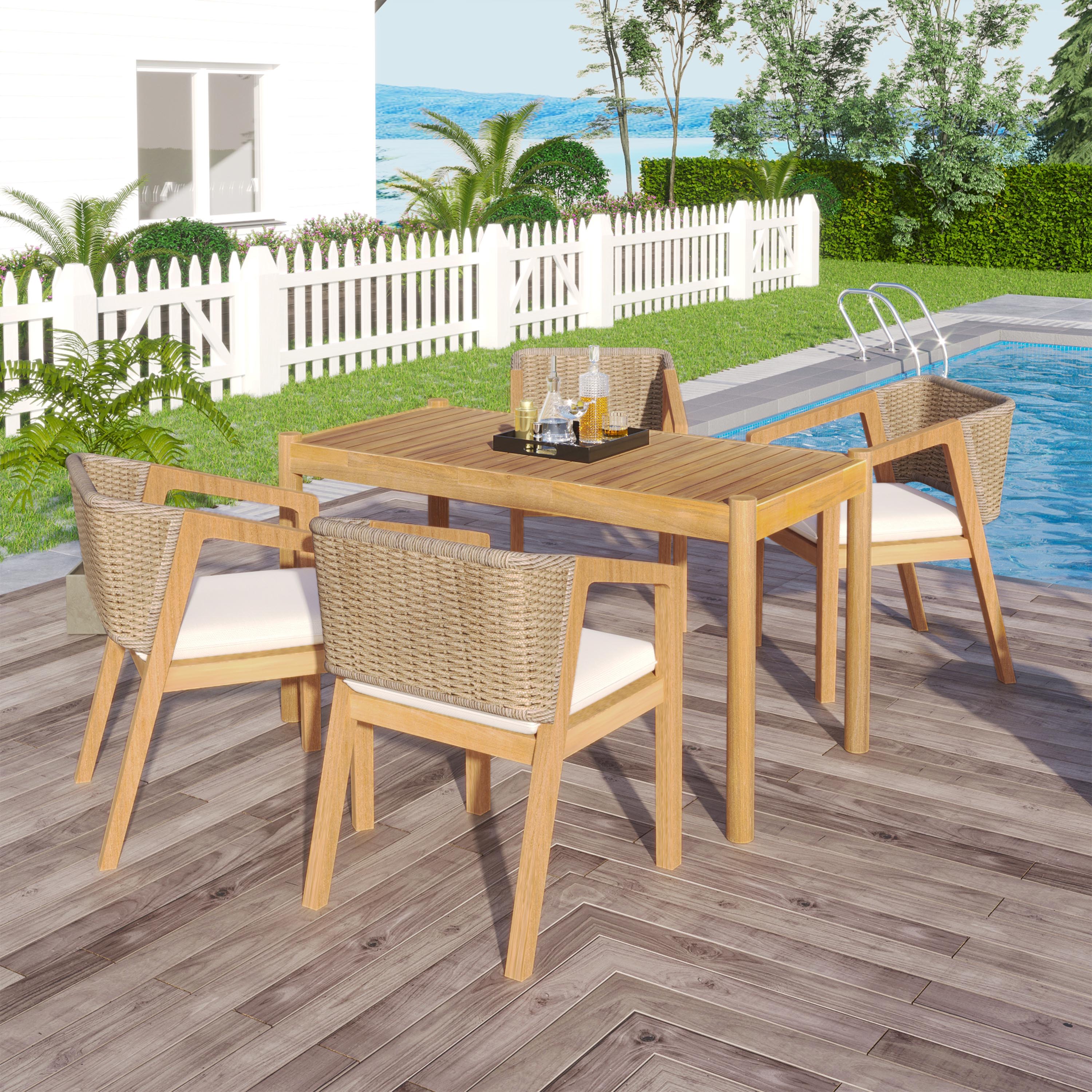 LOVMOR SF-Y-N779P210772L-2 Acacia Wood Outdoor Dining Set of 5 Dining Furniture Set with 1 Table 4 Chairs Teak and Beige