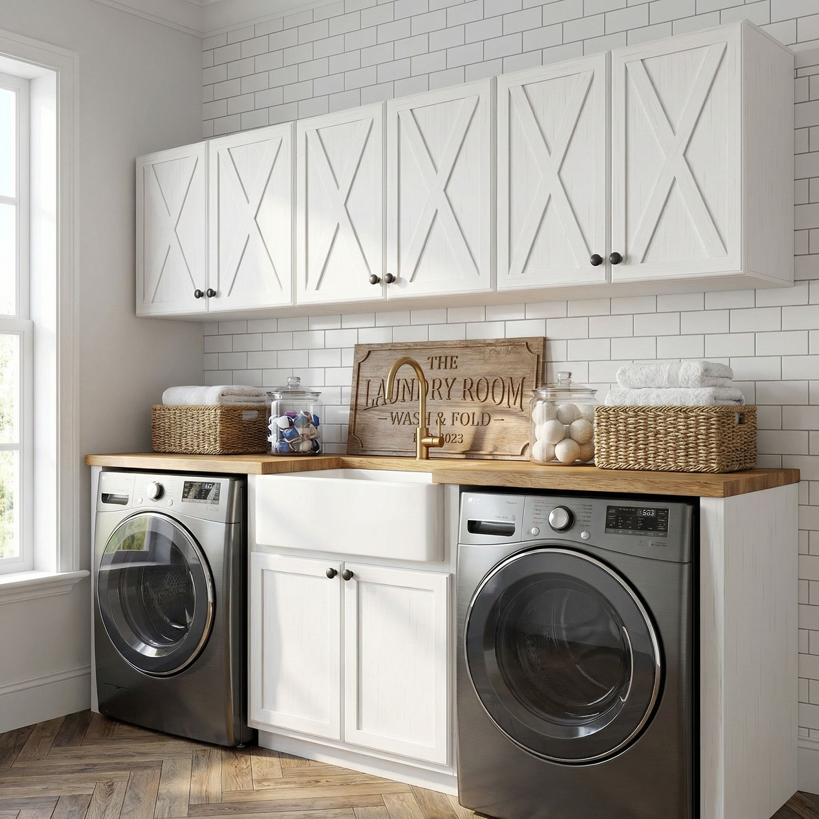 FIMELLO 88.5-in W x 24-in H Wood composite Wall-mount Utility Storage Cabinet with Barn Doors