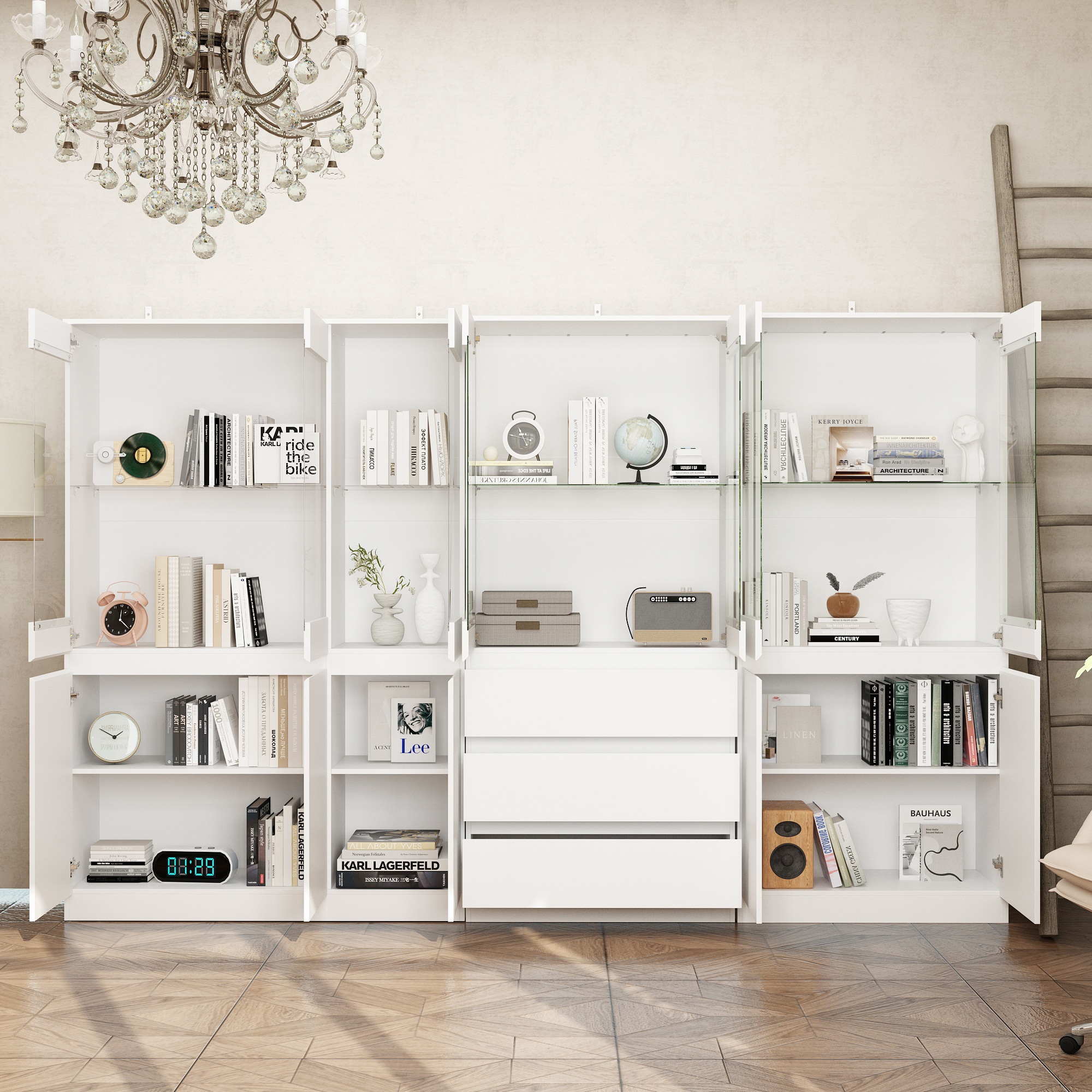 FUFU&GAGA KF020441+442+443 White Particleboard 4 -Shelf Oversized set Bookcase with Doors ( 107.8-in W x 70.8-in H x 15.7-in D ) Finished