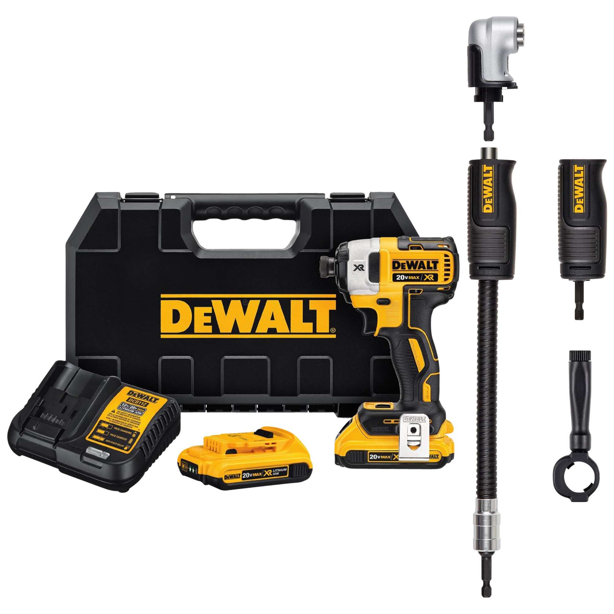 Shop DEWALT XR 20-volt Max Variable Speed Brushless Cordless Impact Driver  (2-Batteries Included)  Modular FlexTorq Right Angle Drill Attachment at 