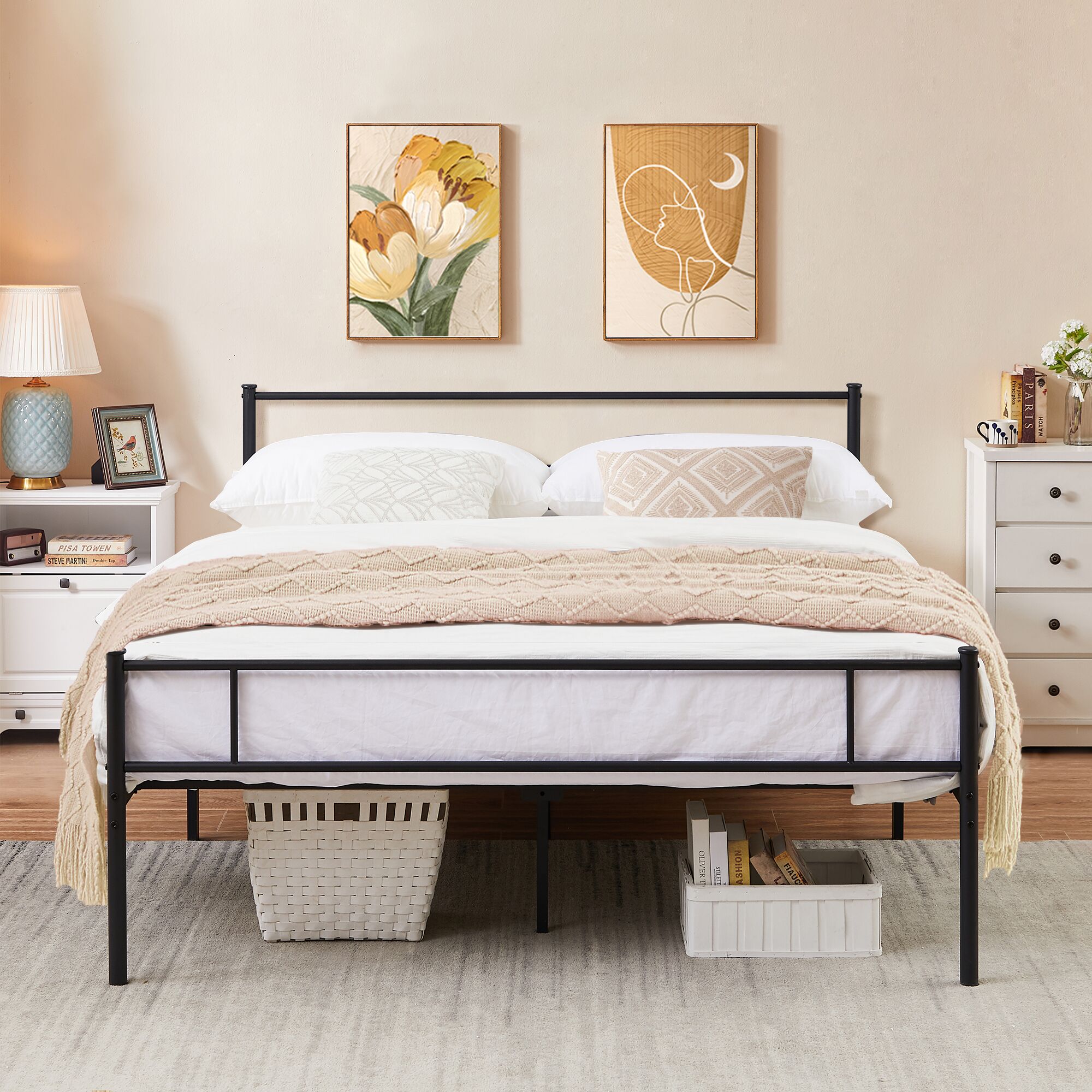 Vecelo LOE-LT-Q03 Queen Platform Bed Frame with Headboard and Footboard No Box Spring Needed Black