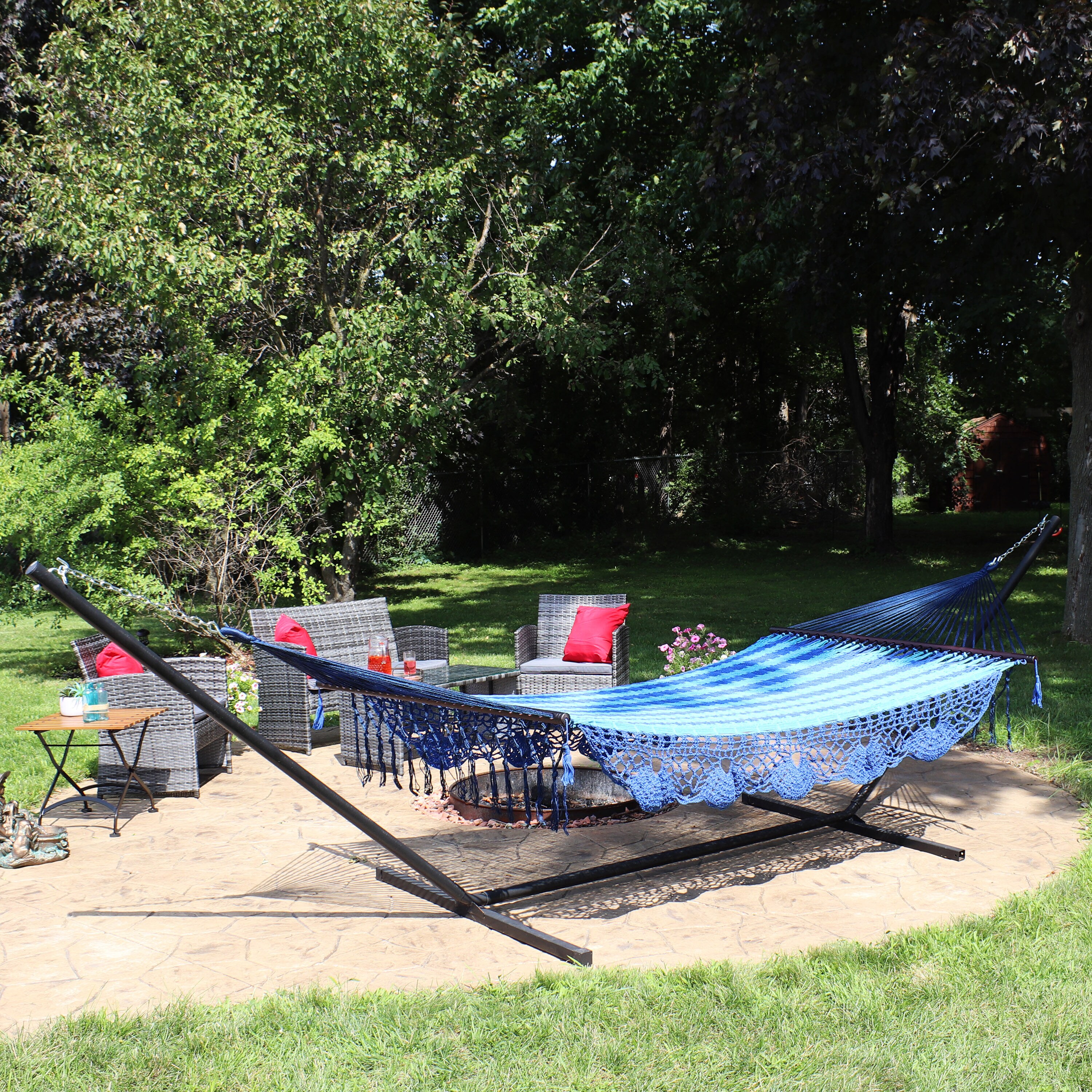 Sunnydaze Decor HM-AND-BLU-COMB Blue Rope Hammock with Stand