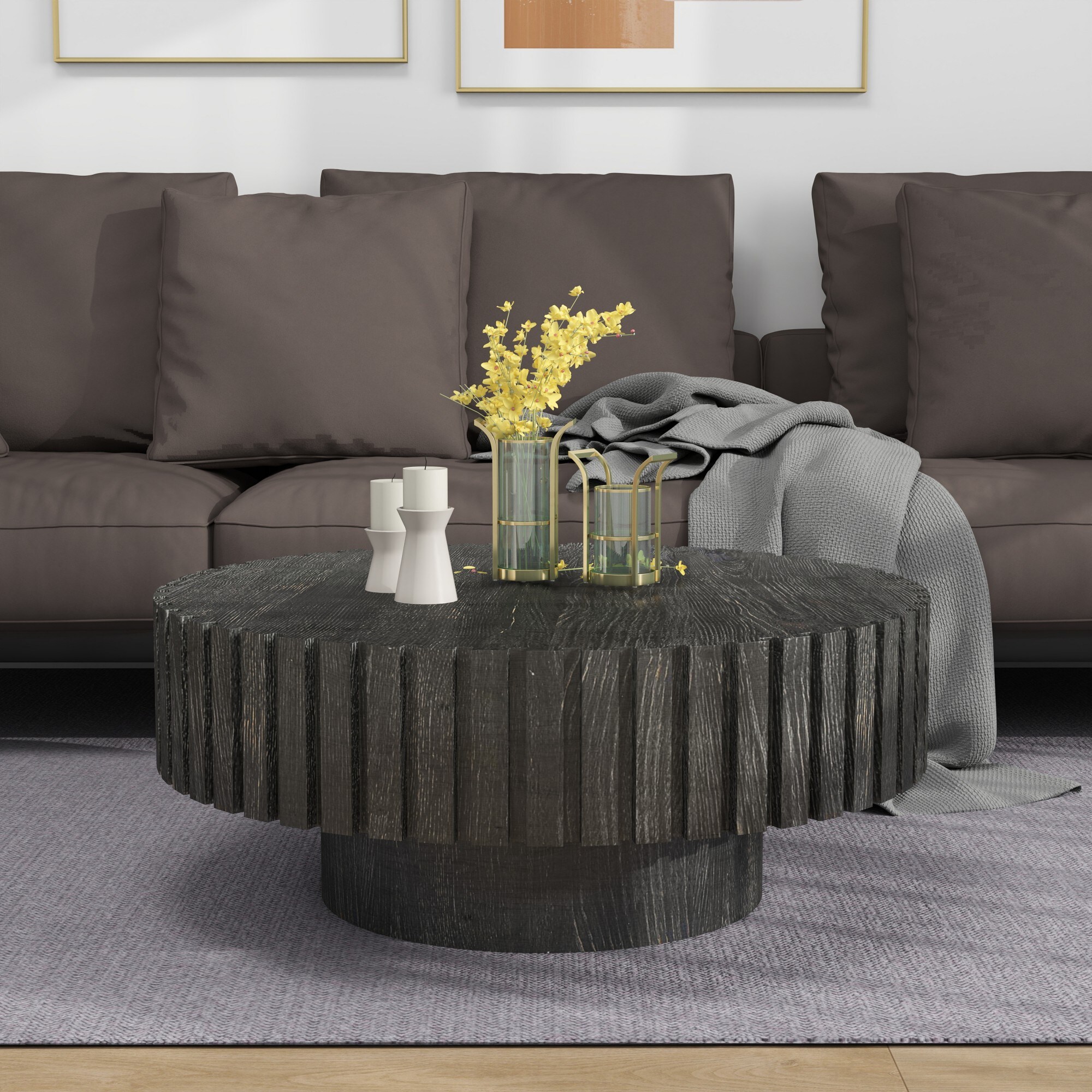 Tatayosi T-7P251153 Modern minimalist circular black coffee table natural wood color and texture space aesthetics suitable for easy assembly in living rooms study rooms and dining rooms