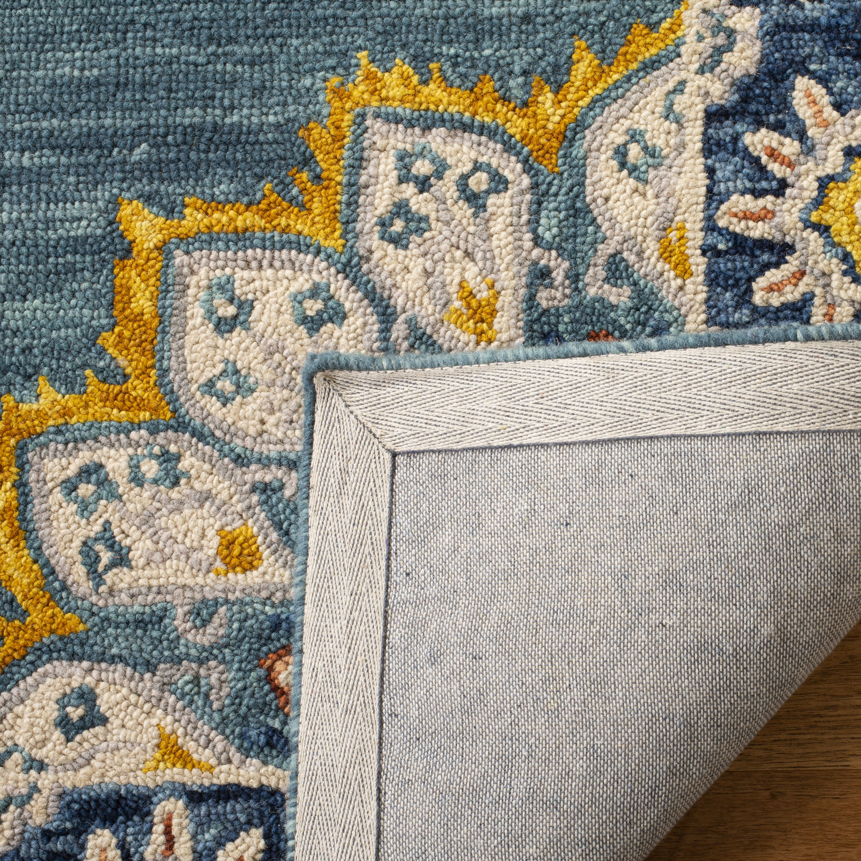 Handmade Floral Tufted Wool Area Rug, Blue and Gold, 4' x 6'