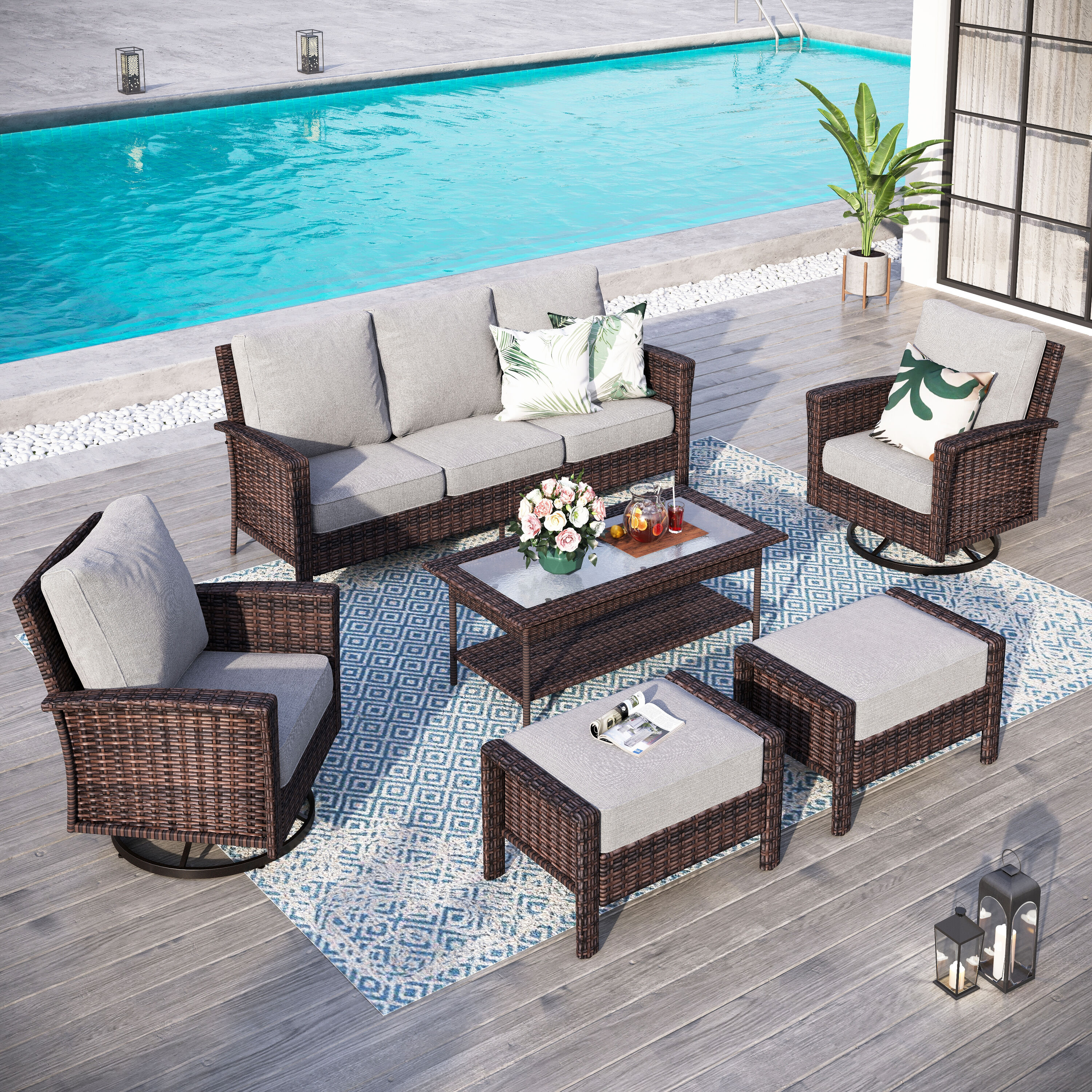 Sunshine Valley CR005-02-7-LGR 6 -Piece Wicker Patio Sofa Conversation Set with Gray CUSHION PRO Cushions