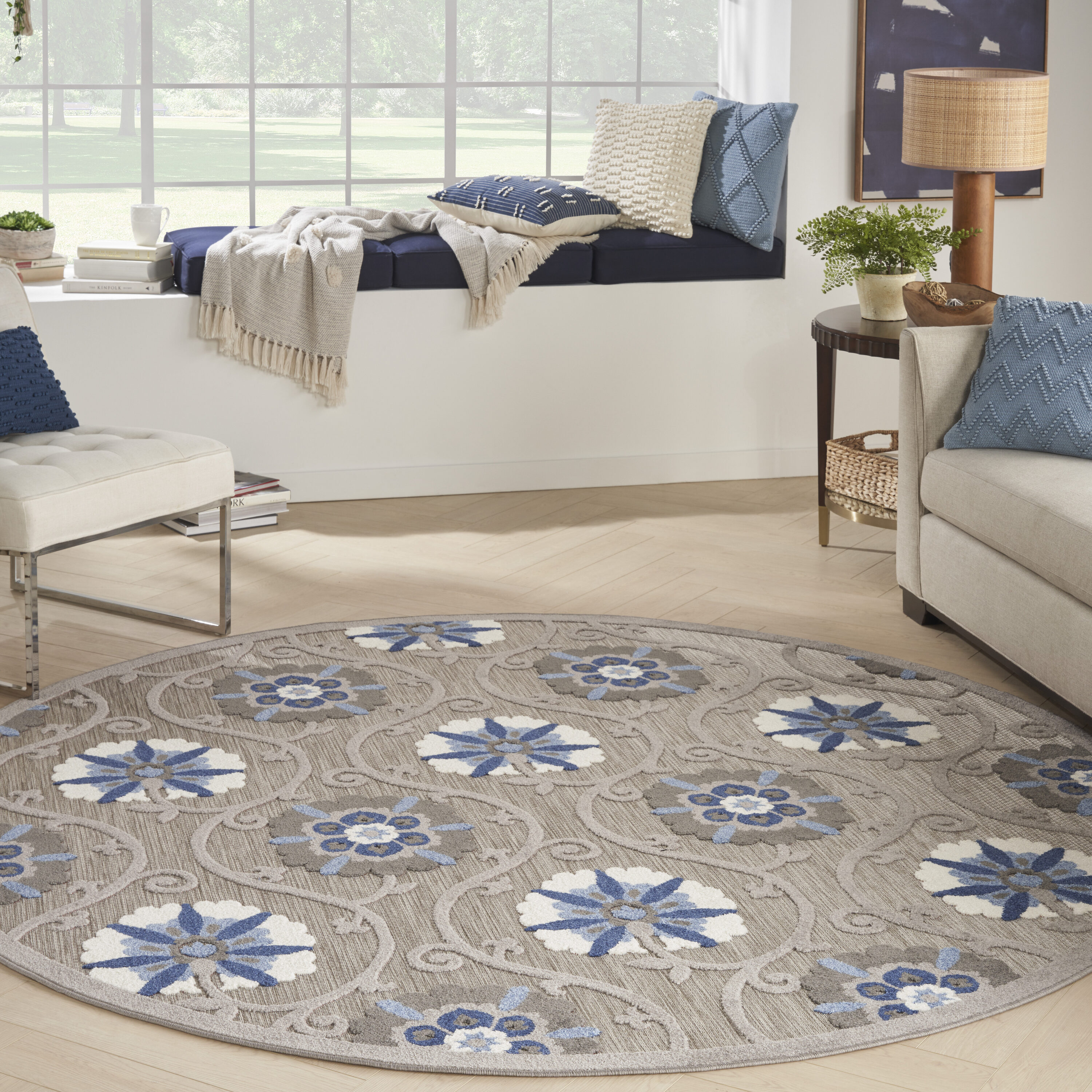 Nourison 099446816351 Aloha 8 x 8 (ft) Loomed Polypropylene Grey/Blue Round Indoor/Outdoor Floral/Botanical Tropical Area rug