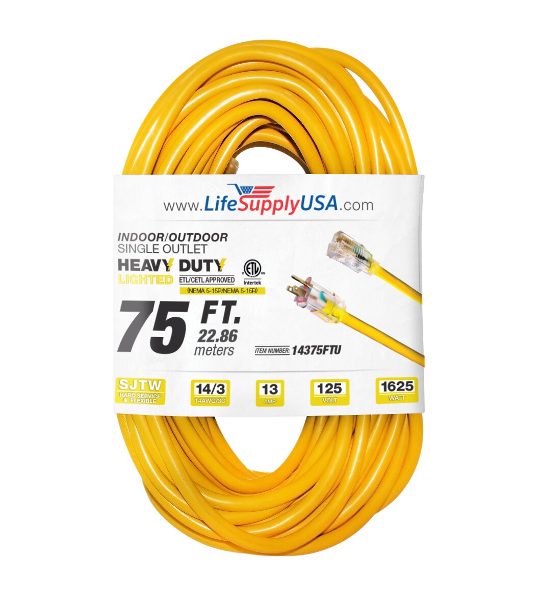 LifeSupplyUSA 75-ft 14/3-Prong Indoor/Outdoor Sjtw Heavy Duty Lighted Extension  Cord in the Extension Cords department at