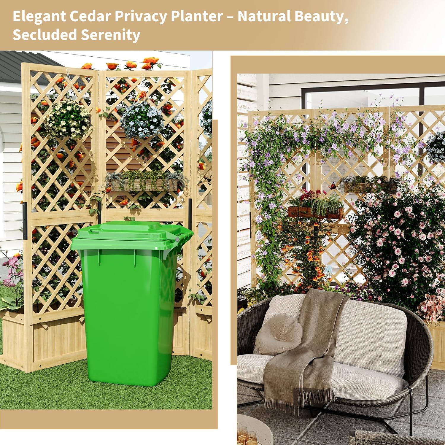 Garvee Planter Box with Trellis 62x10x65 Inch Freestanding 3 Panel Garden Divider with Raised Bed and Drain Holes Privacy Planters for Patio Deck