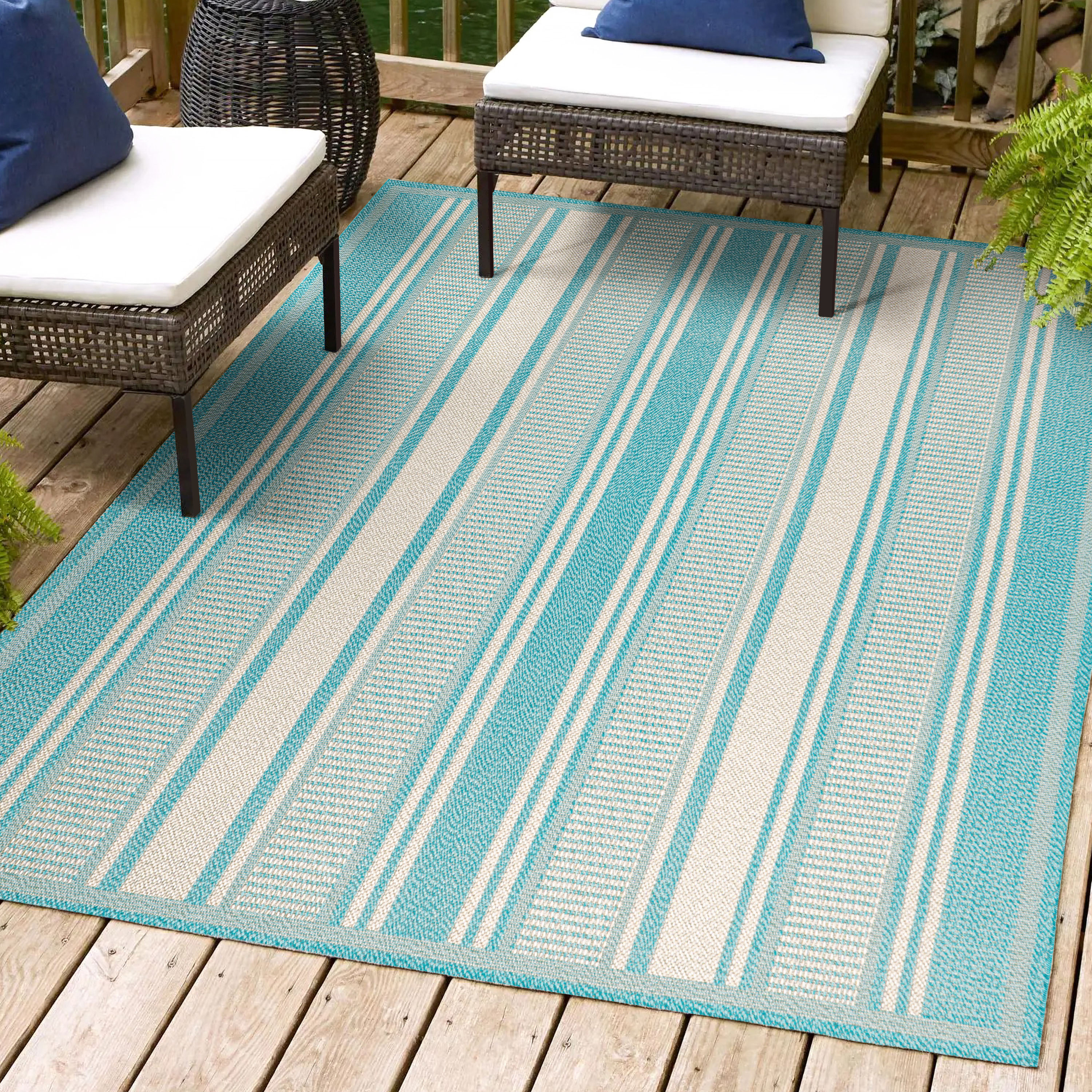 JONATHAN  Y SMB202A-8 Santa Monica Haynes 8 x 10 (ft) Loomed Polypropylene Aqua/Beige Rectangular Indoor/Outdoor Stripe Farmhouse/Cottage Area rug