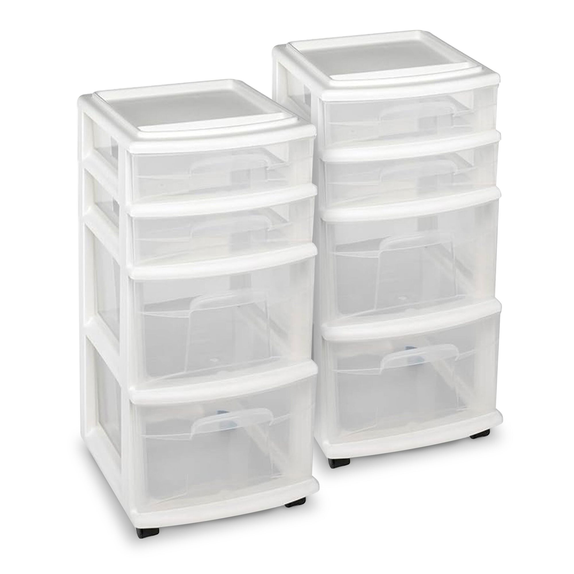 Homz Products 324378 2 -Pack 4 -Drawers White Stackable Rolling Plastic Storage Storage drawer 25.5-in H x 14.25-in W x 12.5-in D