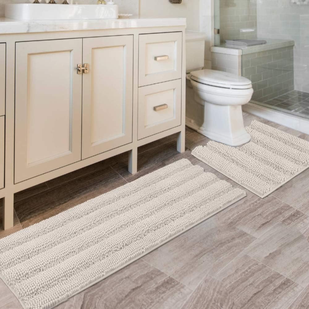 H.Versailtex  2Piece Chenille Bath Rug Set ExtraThick Striped Shaggy Bath Mats 47 x 17 in Ivory