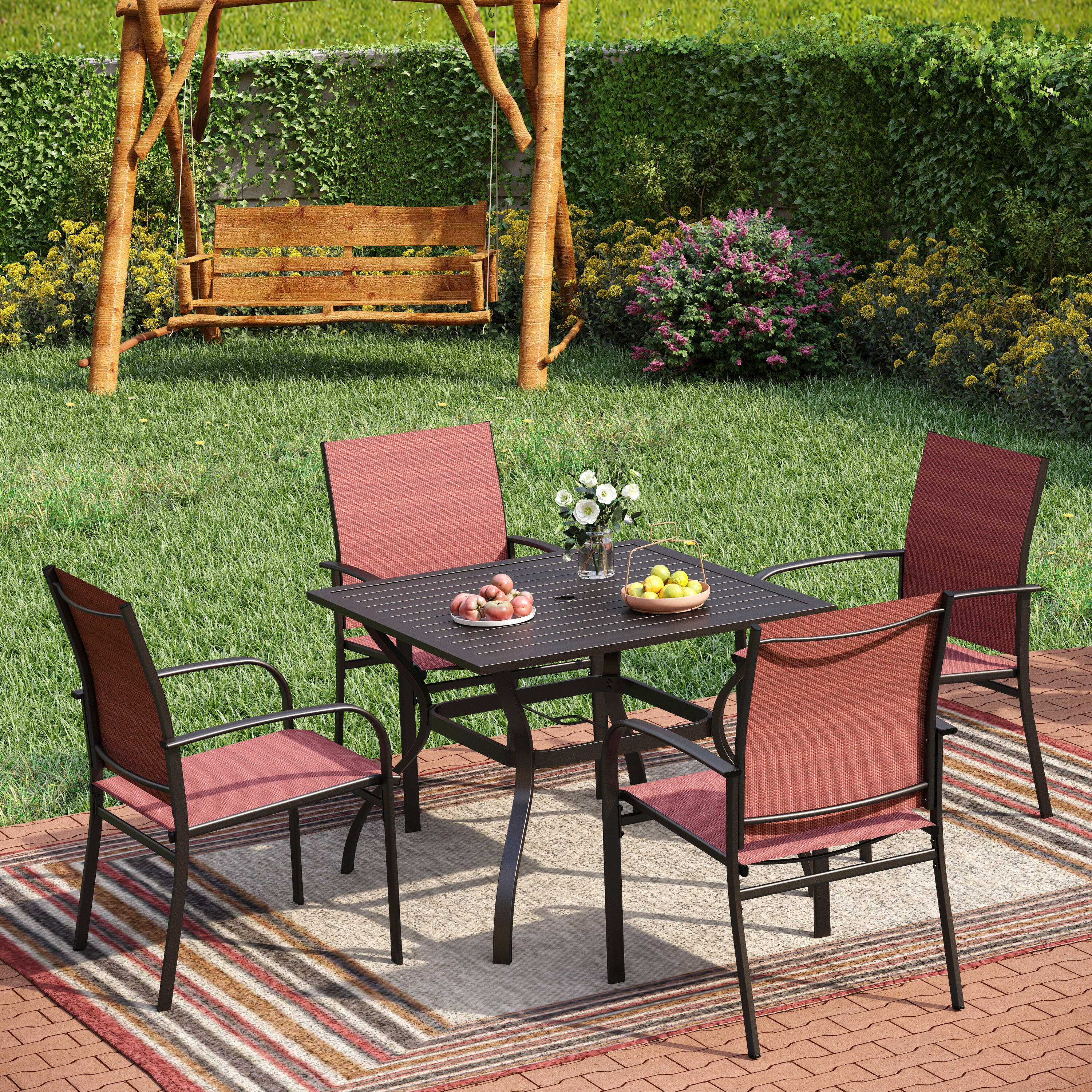 Sunshine Valley TC7-04801-0604 Outdoor Table and Chairs 5 -Piece Black Patio Dining Set Steel Square Table with 4 Red Stationary Chairs