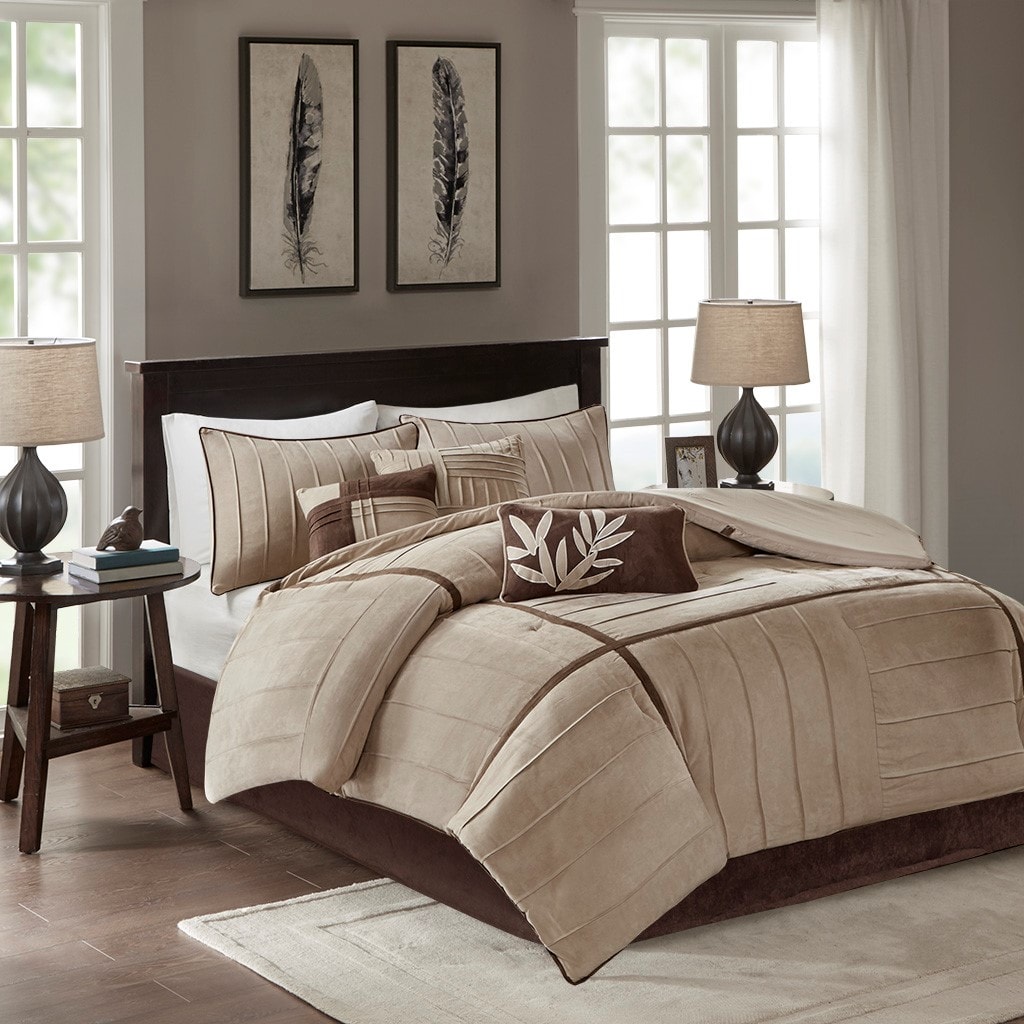 Tinyhomie 7 Piece Faux Suede Comforter Set Beige King
