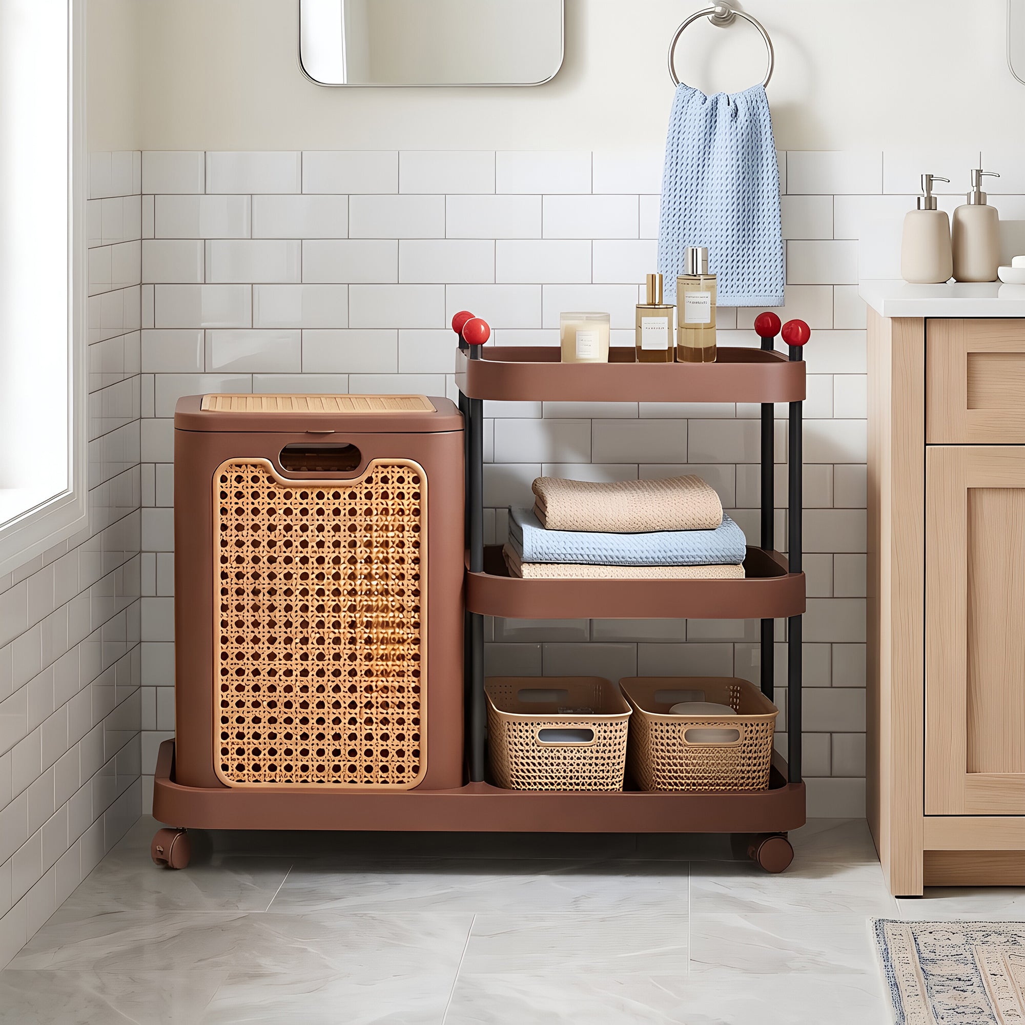 Vecelo Rattan Style Rolling Laundry Hamper Cart 3 Tier Storage Shelf with Wheels Foldable Laundry Basket with Lid Bathroom Laundry Room Bedroom Brown