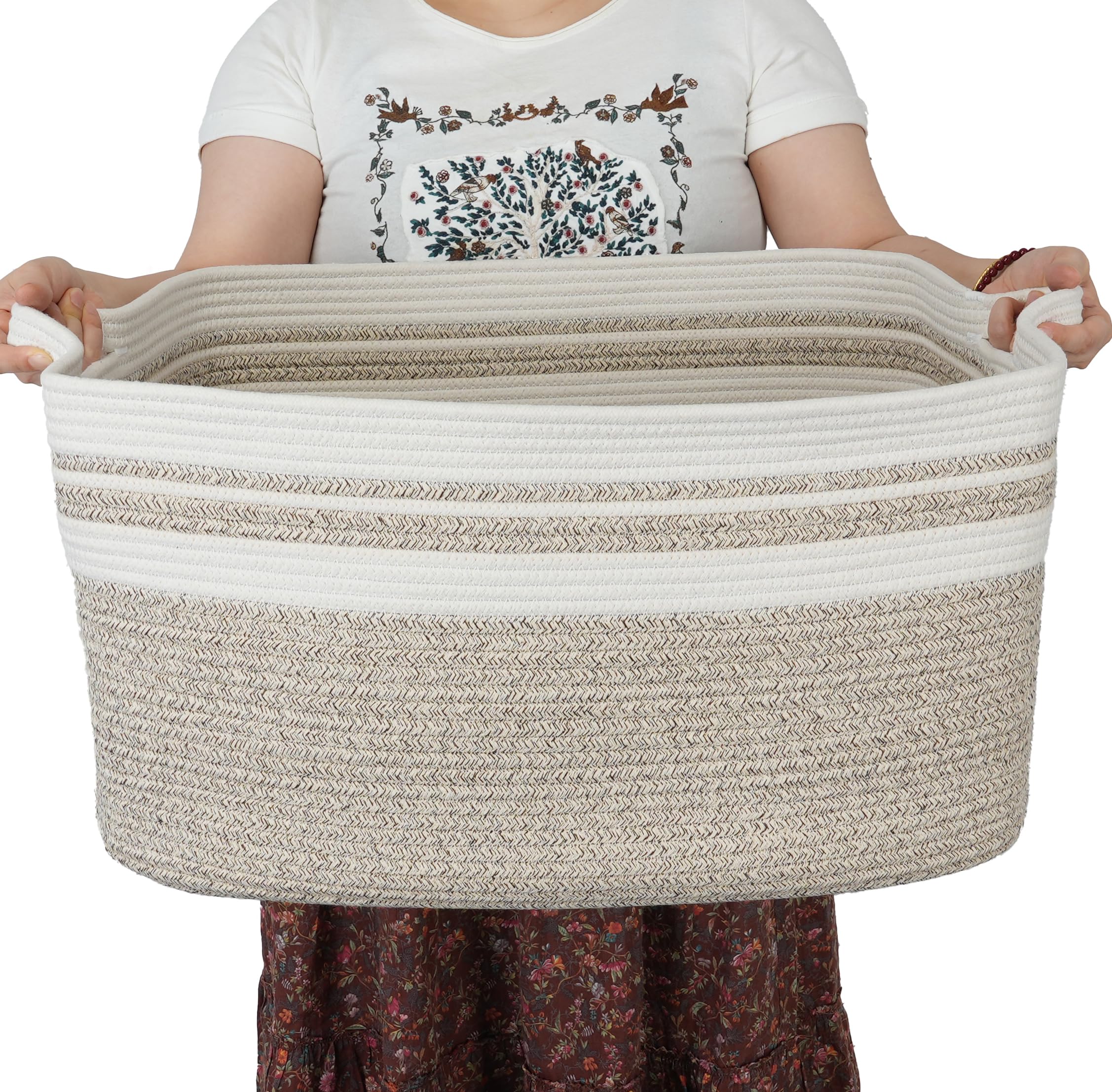 PIGFDK white and brown Cotton Rope Storage Basket Multi Purpose Woven Handles For Blankets Laundry Toys Towels