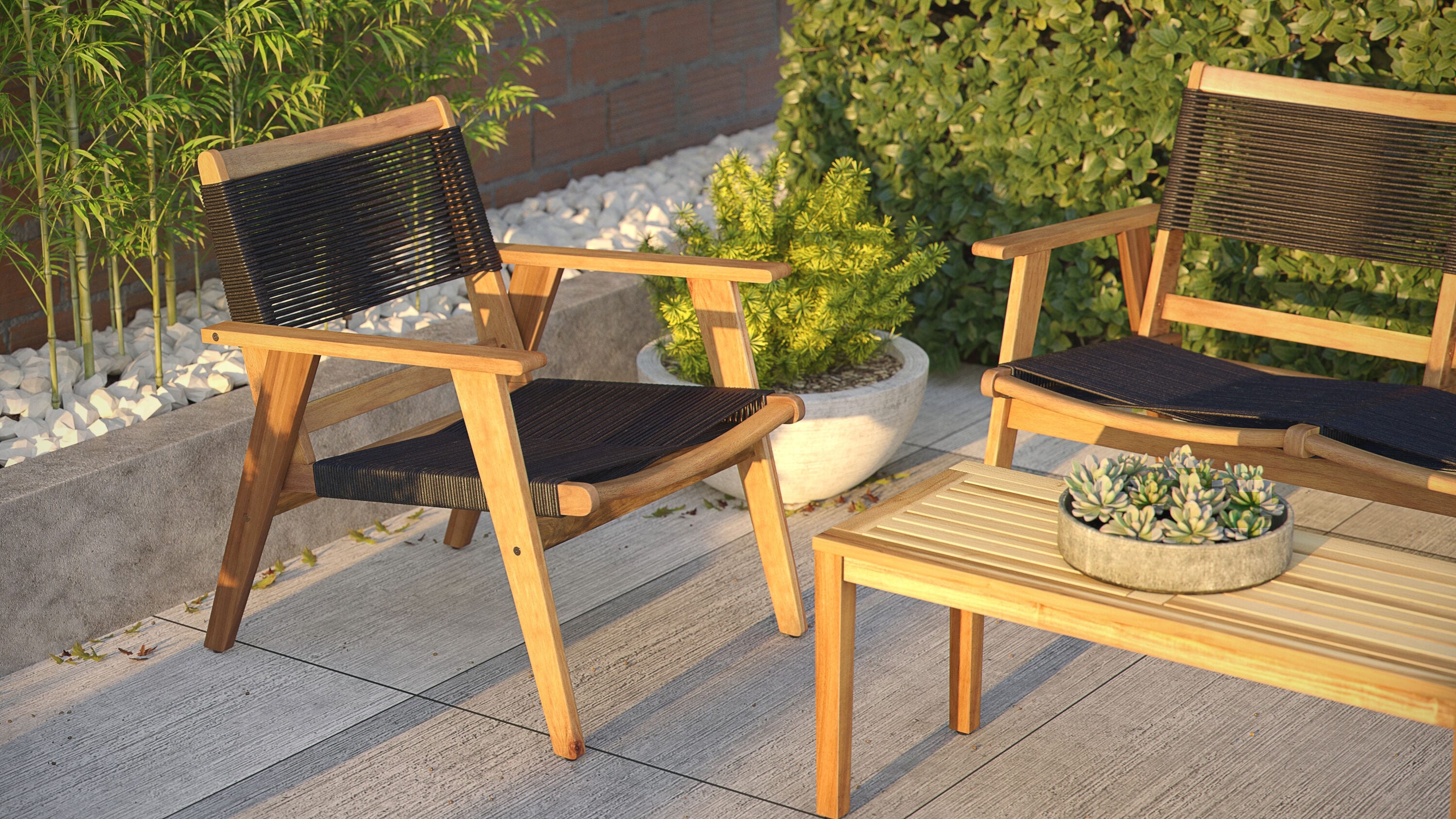 Kingsmen Solid Acacia Wood Outdoor Lounge Chair with Black Cordage Seat