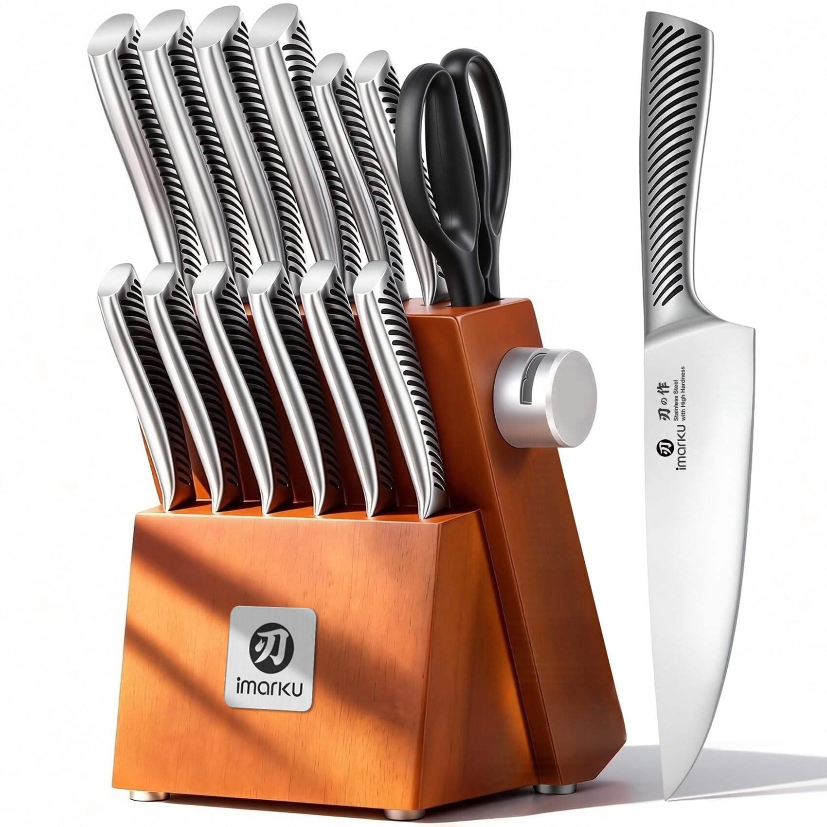 Aoibox  14 Piece Japanese Stainless Steel Full Tang Kitchen Knife Set with Wooden Block and Built In Sharpener