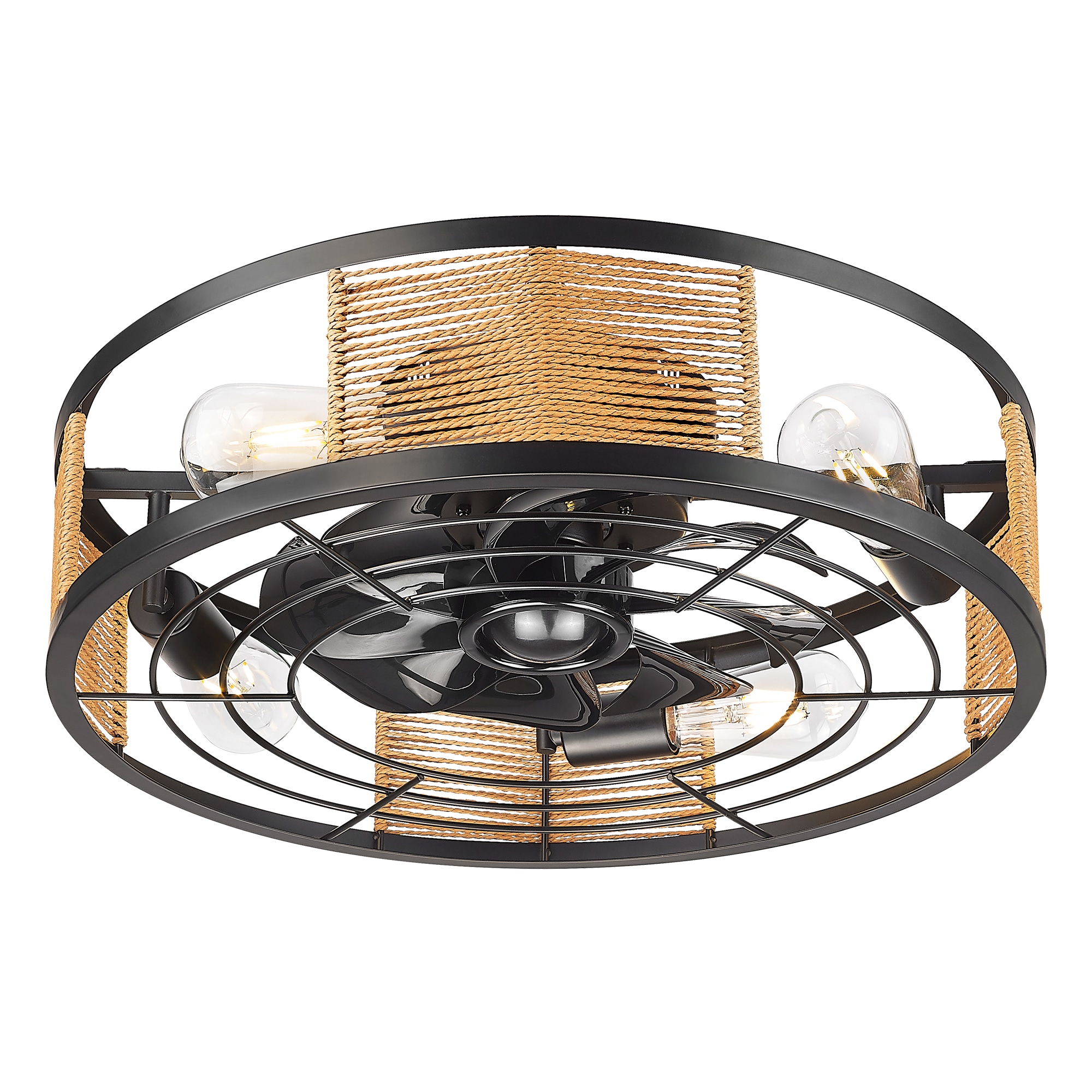LTMATE LT-DCF202-BK20-LS JAZAVA 19.7-in Flush Mount Black with matte black Blades Cage Ceiling Fan With Light - Remote Included ( 8 -Blade )