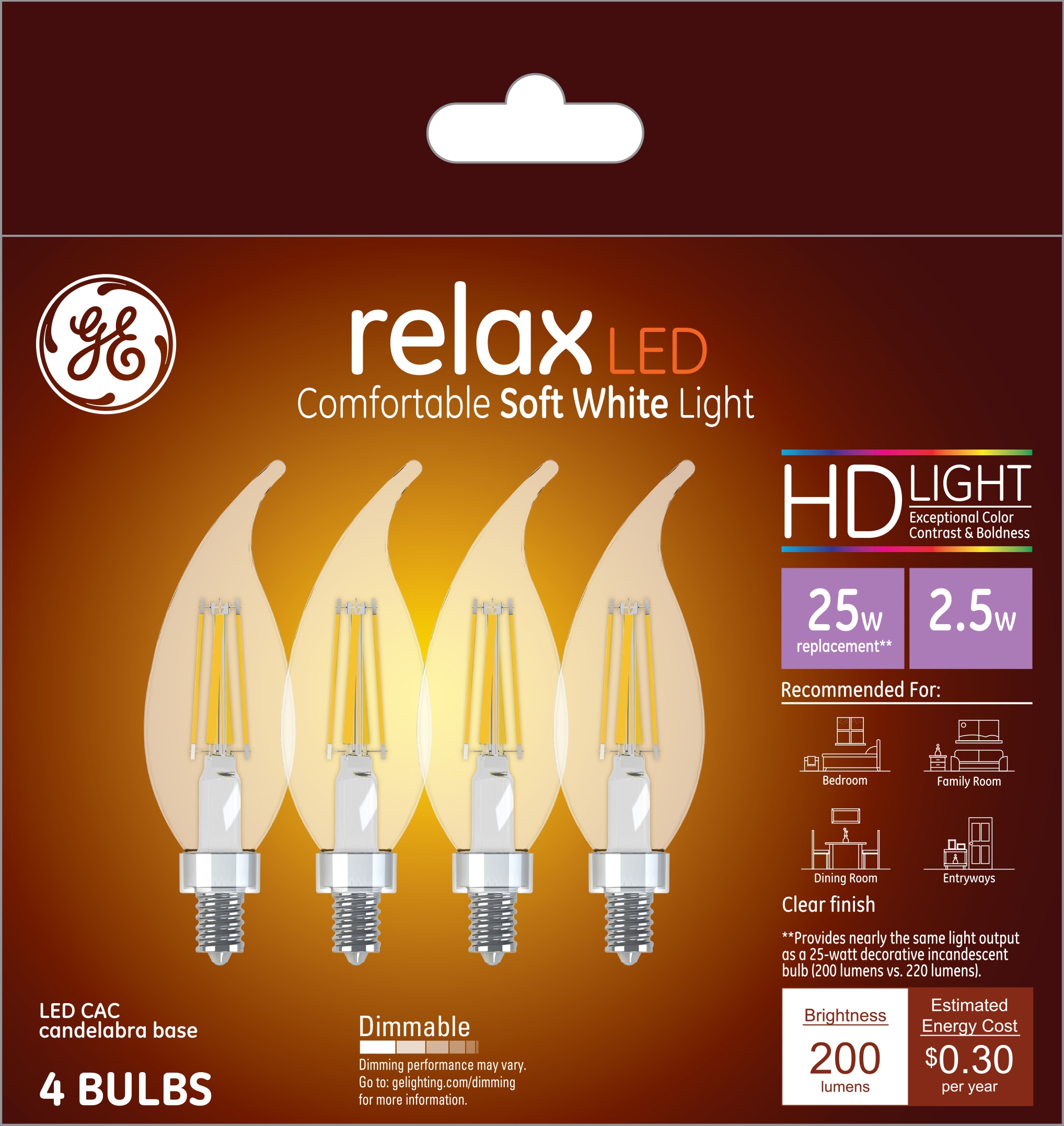 GE 25-Watt EQ CAC Soft White Dimmable Candle Bulb Light Bulb (4-Pack ...