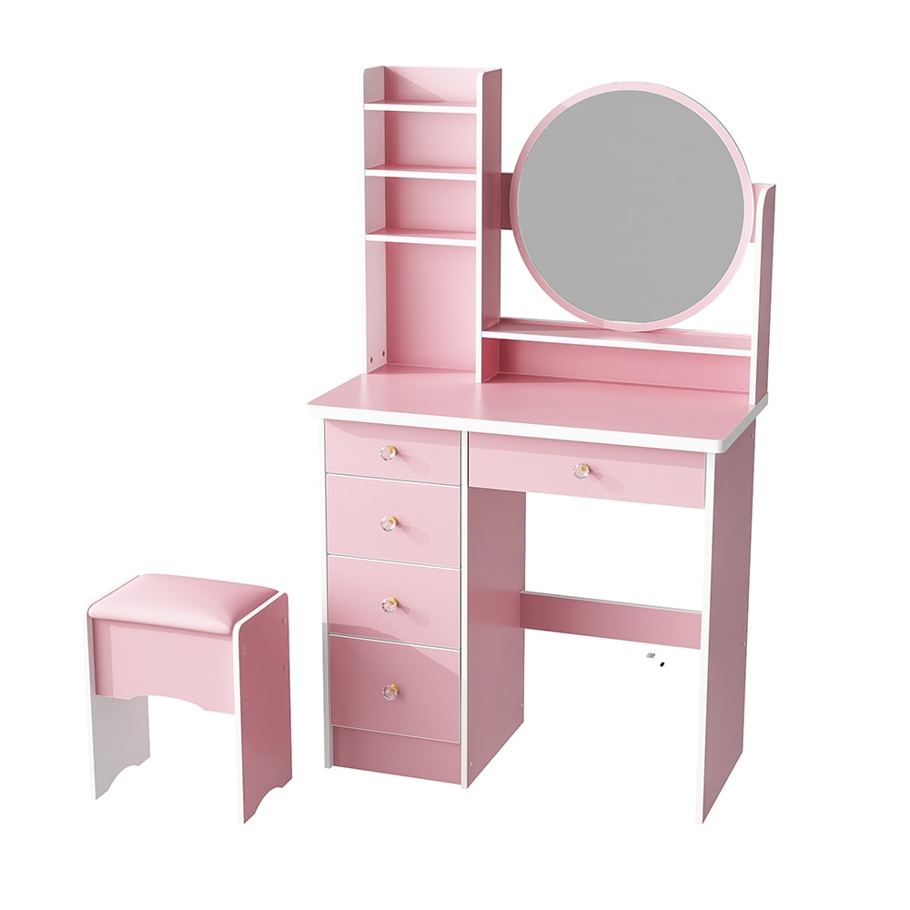  V-WFKF210095-02 Pink Vanity Table Set with Mirror and 5 Drawers Makeup Dresser Desk with Cushioned Stool